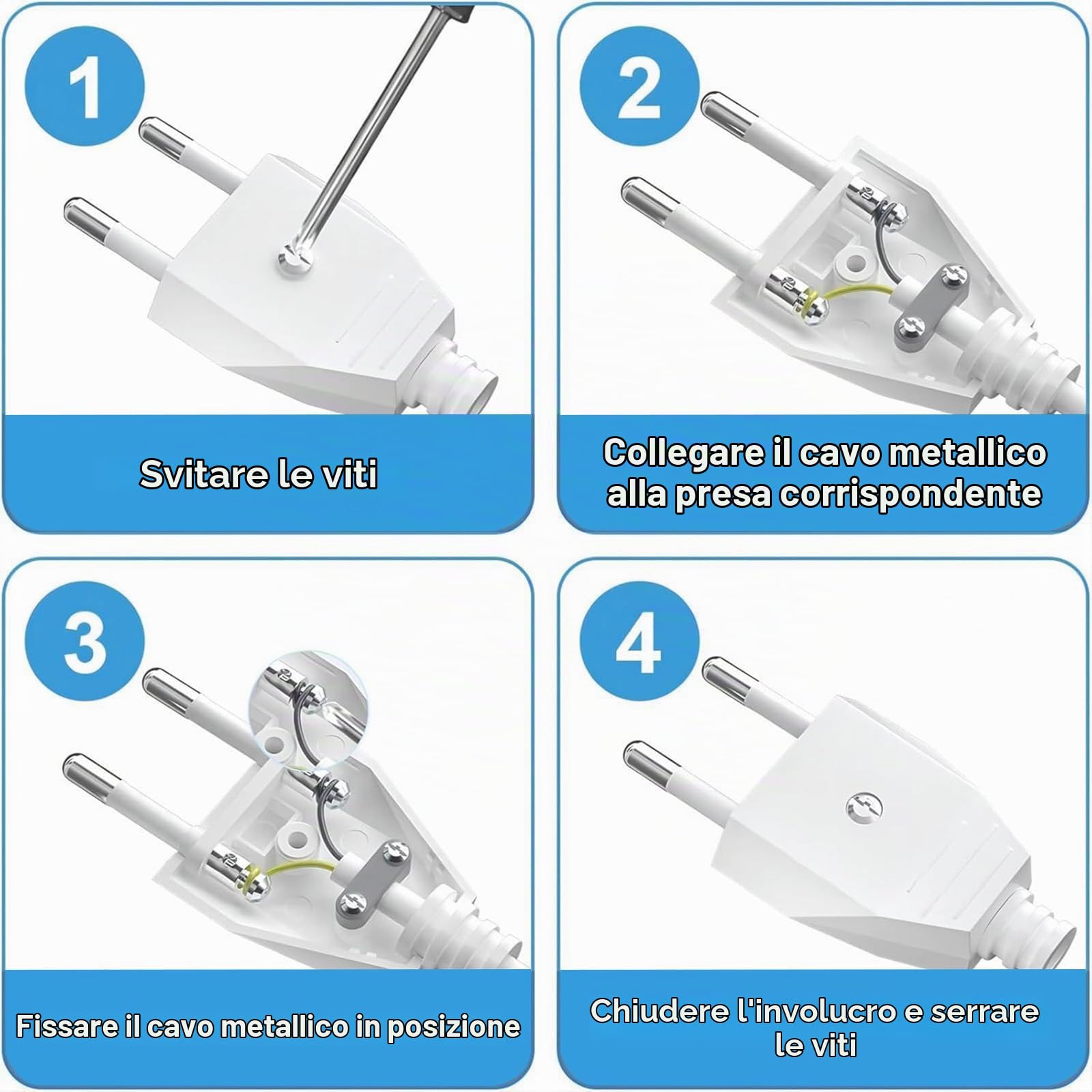 4 Pezzi Spina Europea, Spina Europea Piatta(250 V, 2,5 A), Spina Schuko Piatta, Spina di Alimentazione , Spina Universale a due poli Secondo lo Standard Europeo per Cavo di Alimentazione (Bianco)