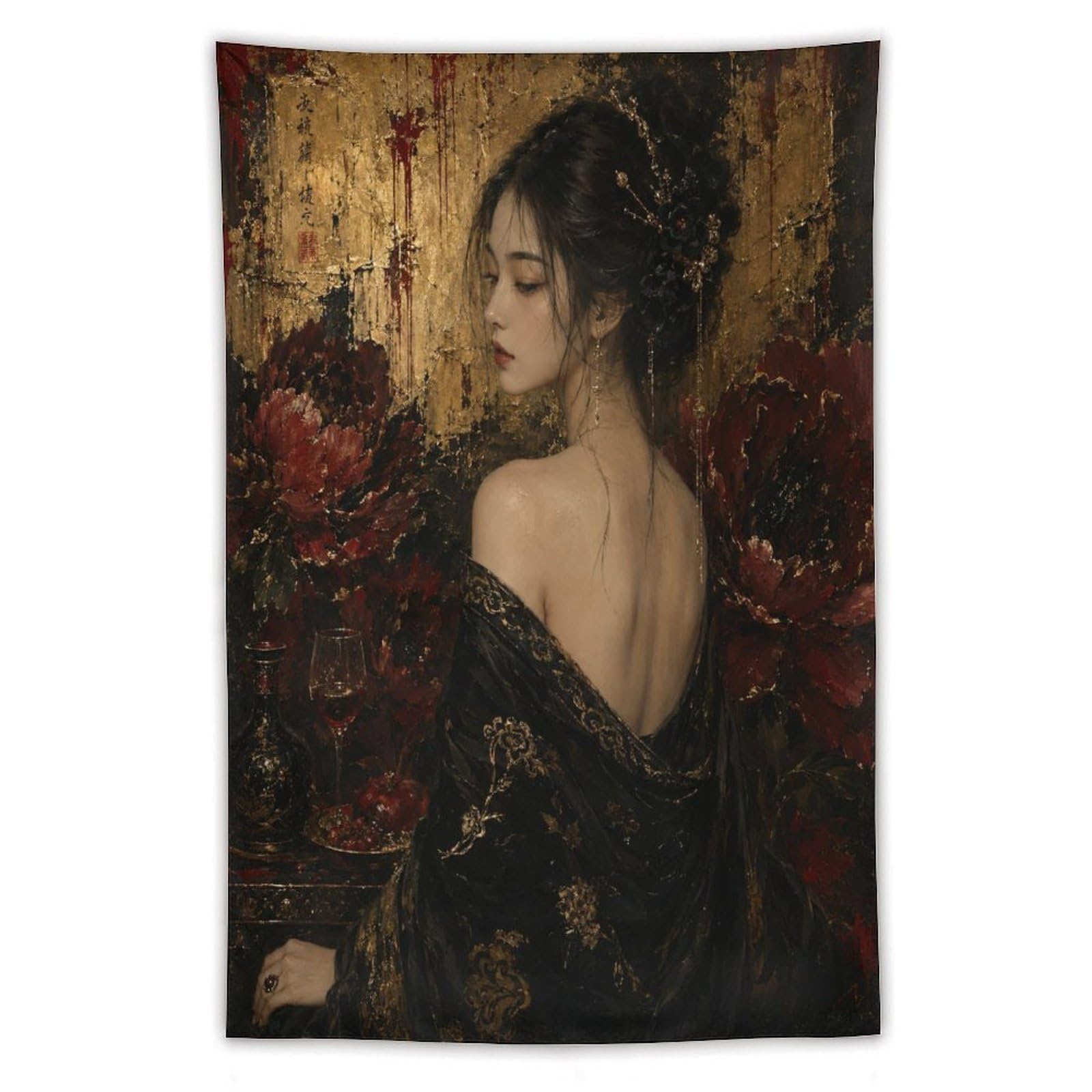 W7C8U2X3 Red Poppy Woman Oil Style Wall Tapestry, Oil Painting, Sofa Area