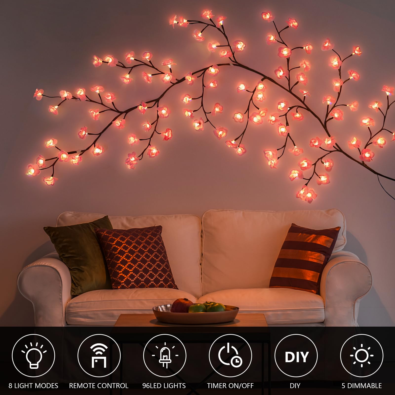 Branches de fleurs de cerisier LED - 180 cm - 96 LED - Décoration murale - Guirlande lumineuse en rotin blanc chaud avec 8 modes et télécommande - Décoration idéale pour chambre à coucher, salon et