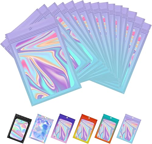 200 bolsas de Mylar resellables a prueba de olores, bolsas holográficas de embalaje con ventana transparente, bolsa de papel de aluminio para