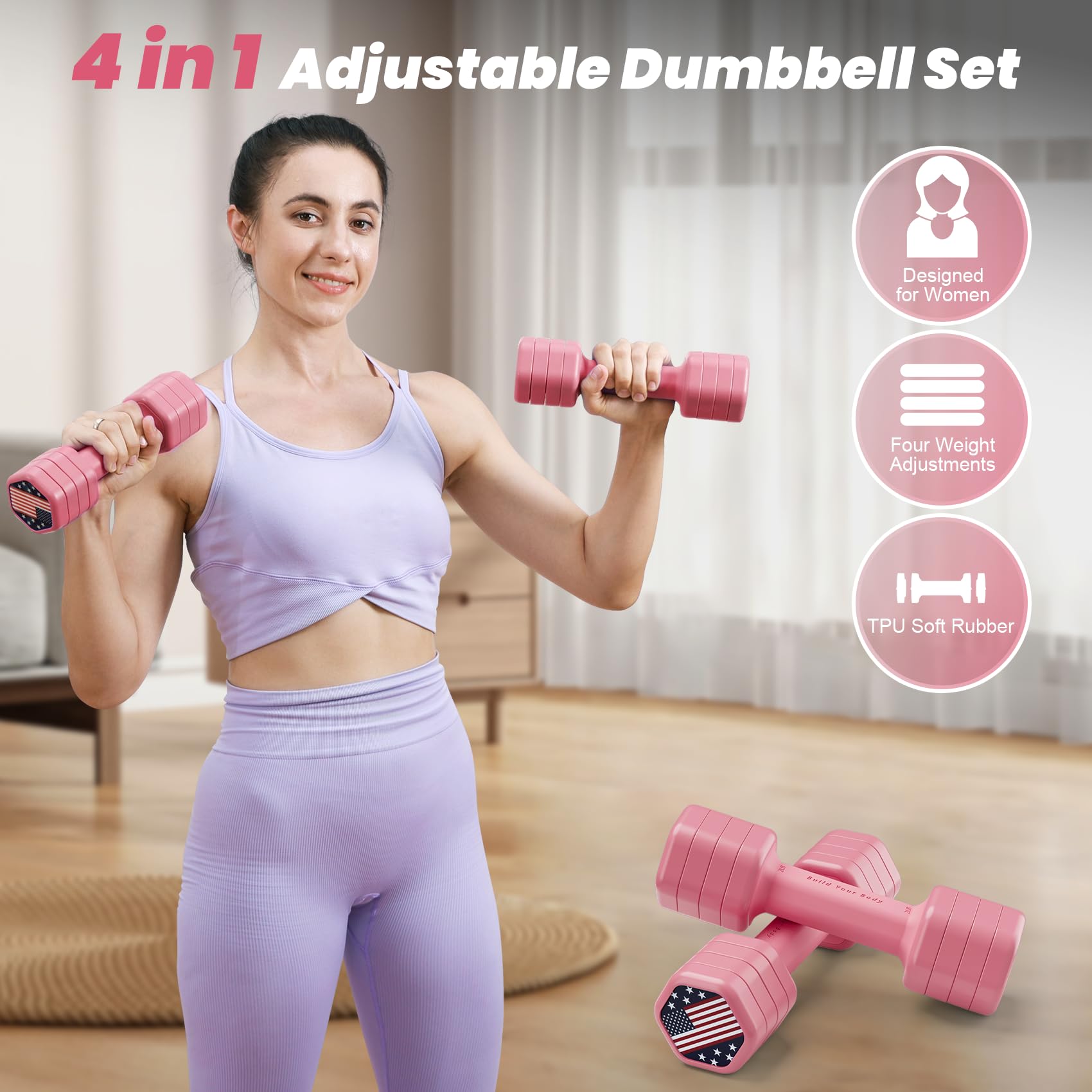 Zempox Adjustable Dumbbell Set of 2, 4 in 1 Hand Weights for Women at Home, 5 lb Weights Dumbbells set of 2, Each 2lb 3lb 4lb 5lb with TPU Soft Rubber Handle for Home Gym Exercise Training, Pink