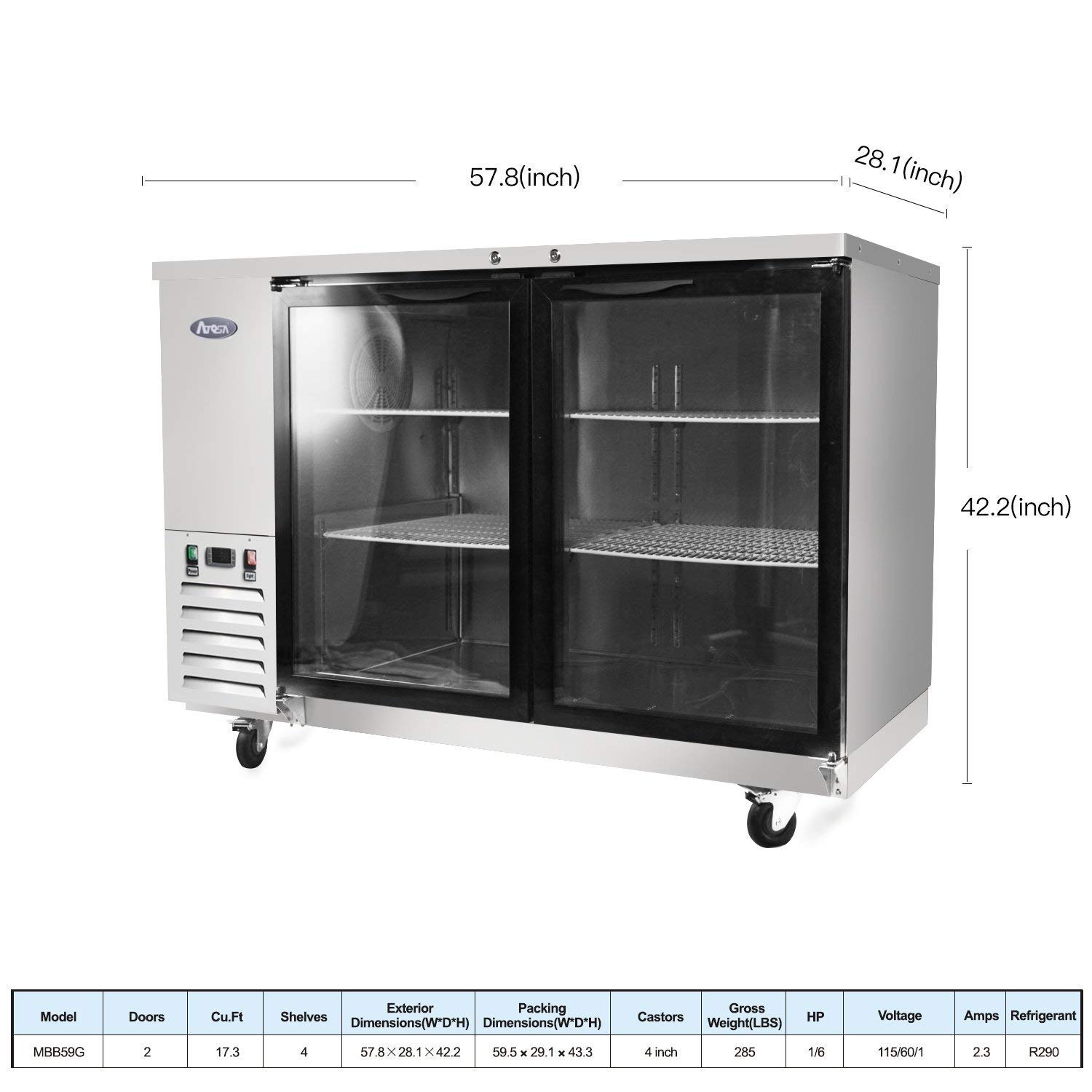 Atosa MBB59GGR 58" 2 Swing Glass Door Back Bar Cooler Refrigerator Cabinet for Restaurant Hotel Casino Pub | 17 Cu. Ft. Capacity | 4 Epoxy Coated Shelves, Slide Out Compressor, Stainless Steel, 115V on Fridge.com