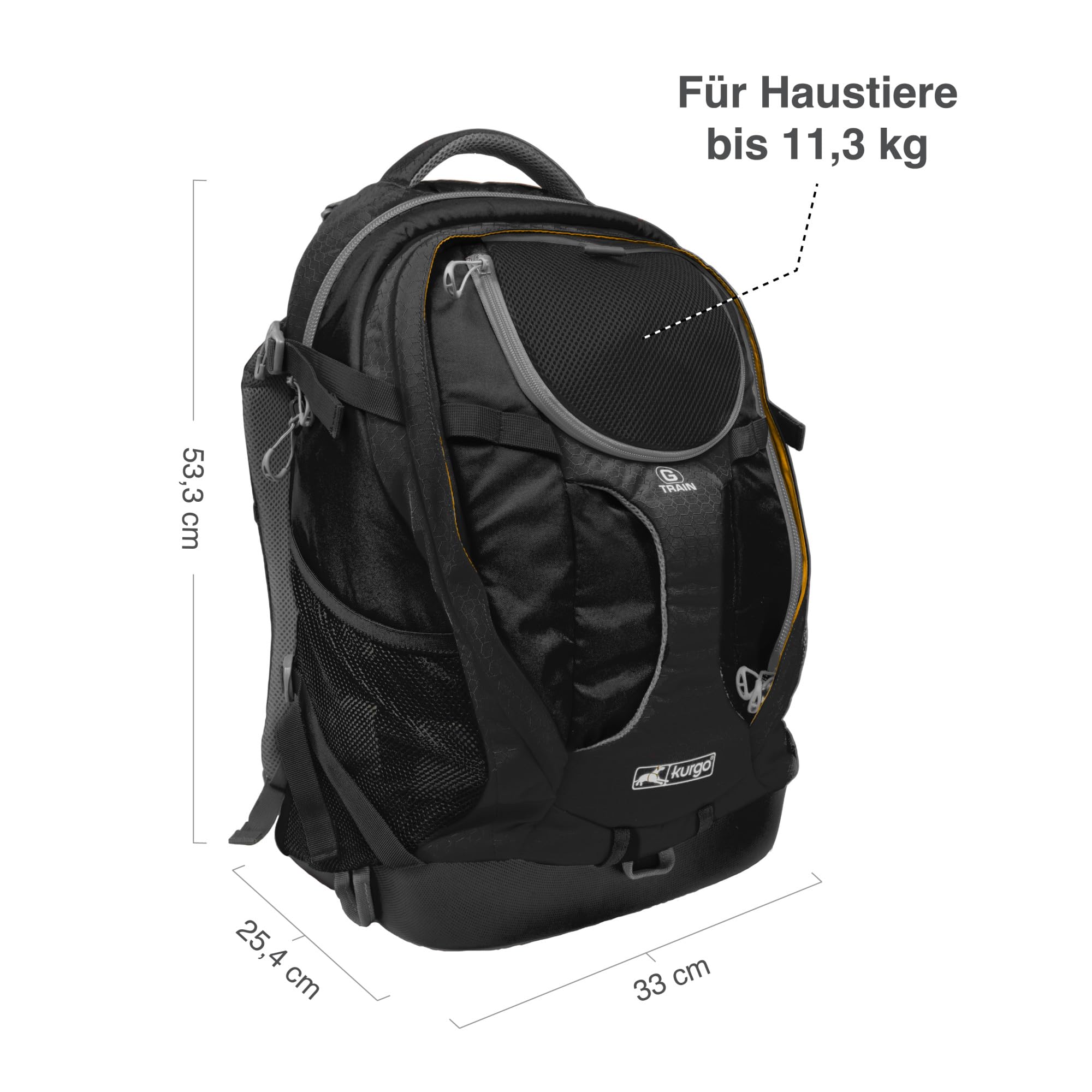 Kurgo G-Train Hundetransportrucksack - Bequeme Reisetasche für Hunde bis zu 11 kg - Wasserdichter Boden - Rucksack mit mehreren Fächern - Wanderzubehör, Robuster Abenteuerrucksack - Schwarz