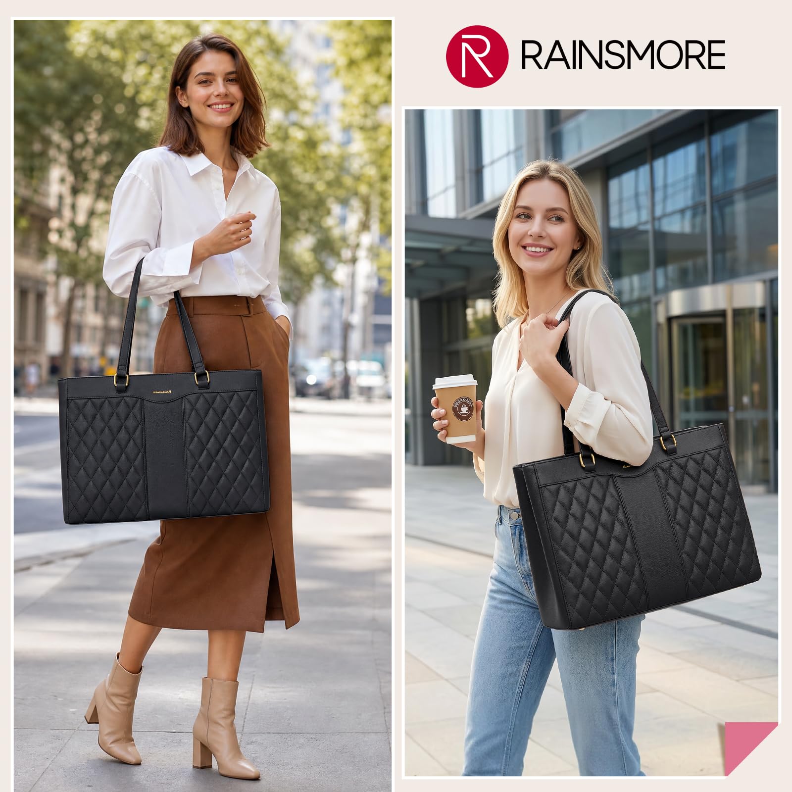 RAINSMORE Laptoptasche Damen 15,6 Zoll PU Leder Schultertasche Aktentasche Arbeitstasche
