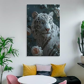 Amazon.co.jp: 絵画 獰猛なホワイトタイガーとバラ アートパネル