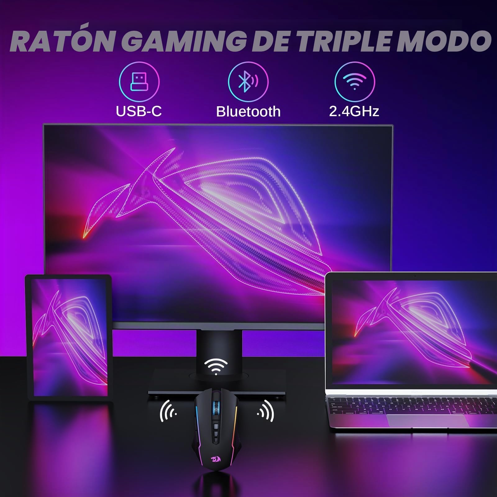 Redragon Ratón Gaming Inalámbrico, Tri-Mode 2.4G/USB-C/Bluetooth Raton Gaming, 10000 dpi y 6 Modos RGB Retroiluminado, 9 Botones Programables, Ratón Inalámbrico Recargable para Laptop/PC/Mac, Negro
