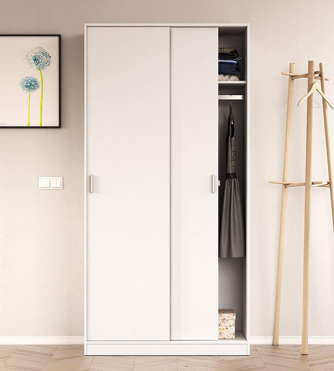 Habitdesign Armoire 2 portes coulissantes, 200 x 100 x 50 cm (H x l x P) Armoire 2 portes coulissantes, couleur blanche « Artik »