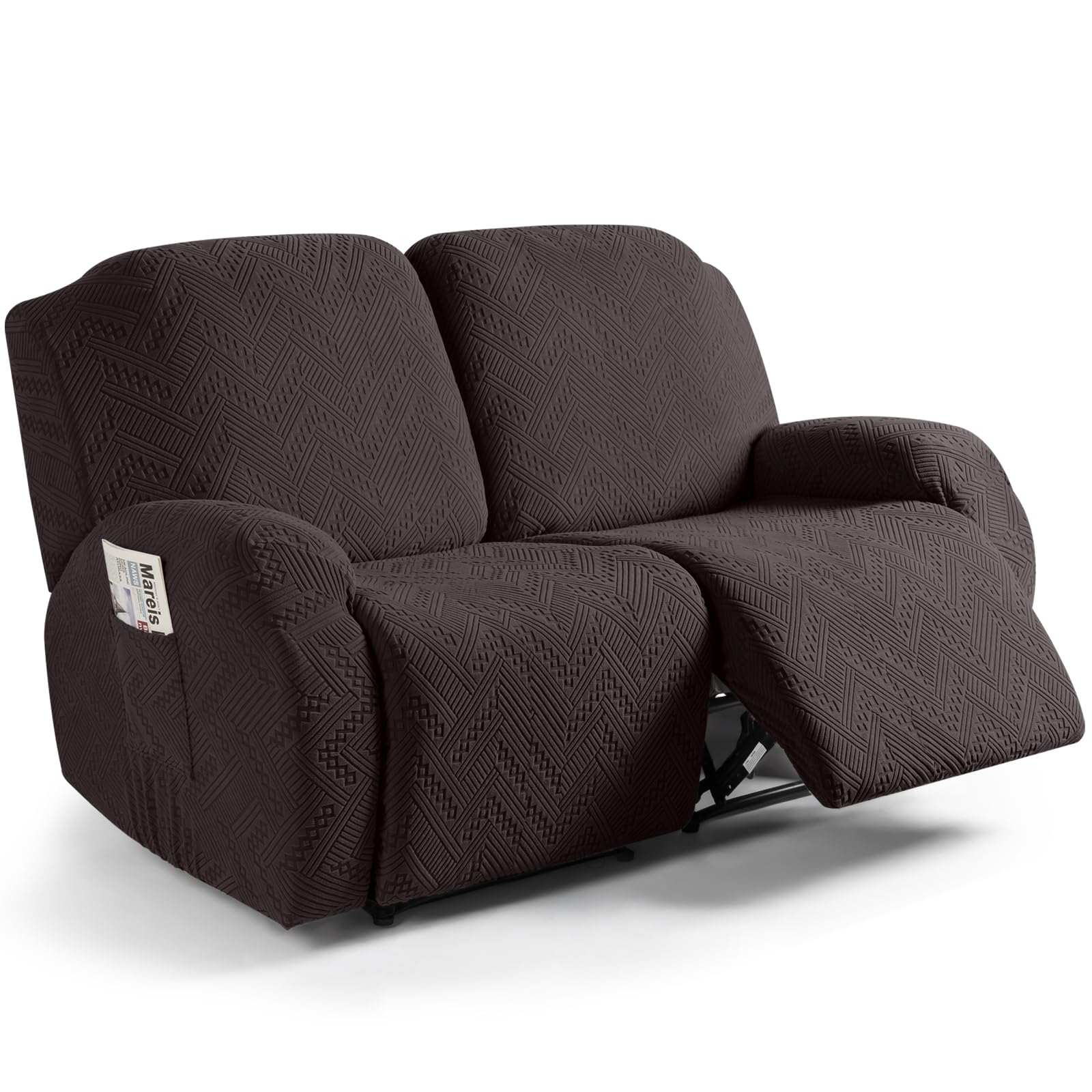 RuaozzRecliner Sofa Covers Recliner Chair Covers Couch Covers for Reclining Couches with Pockets Washable Furniture Protector with Elastic Bottom (2 Seater-X Large, Chocolate)OEKO-TEX STANDARD 100
