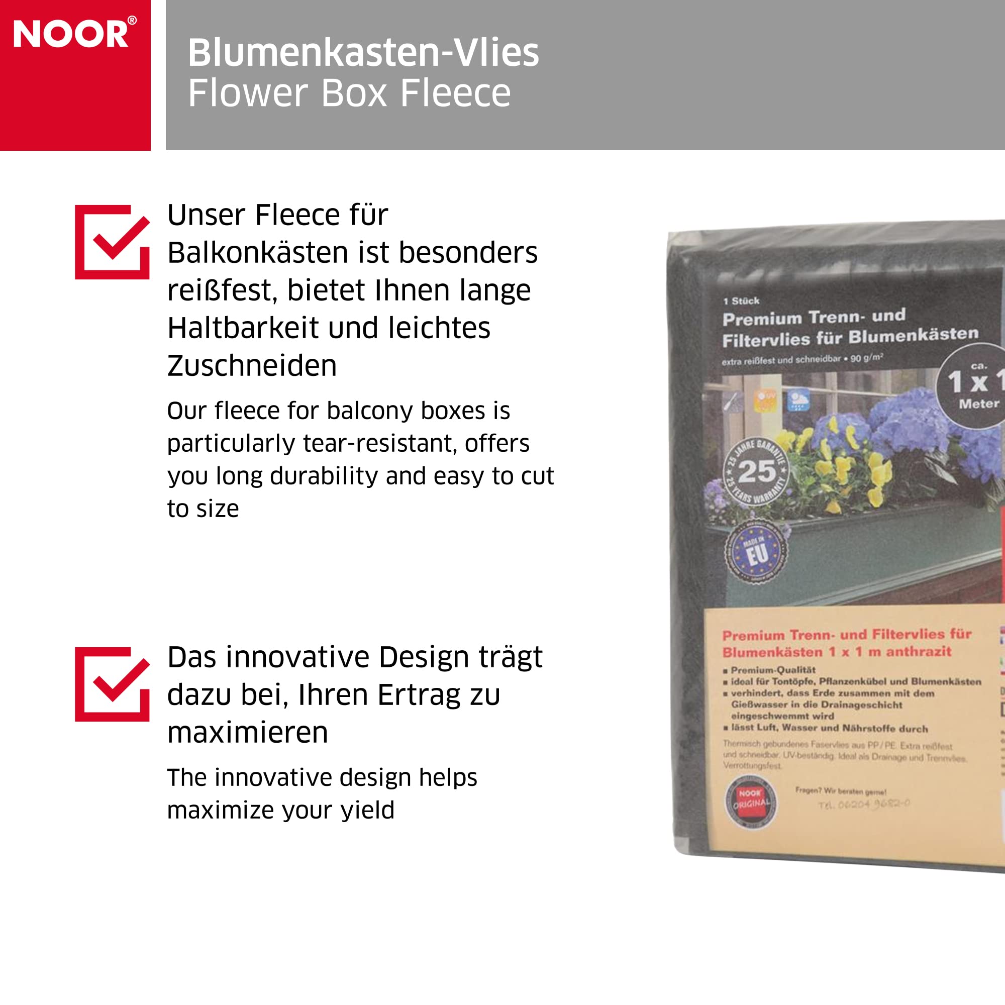 NOOR Premium Blumenkasten-Vlies 90 g/m 1 x 1m I Dunkelgraues, chemiefreies  Unkrautschutzvlies I Gartenvlies fr Blumentpfe mit reifestem ...