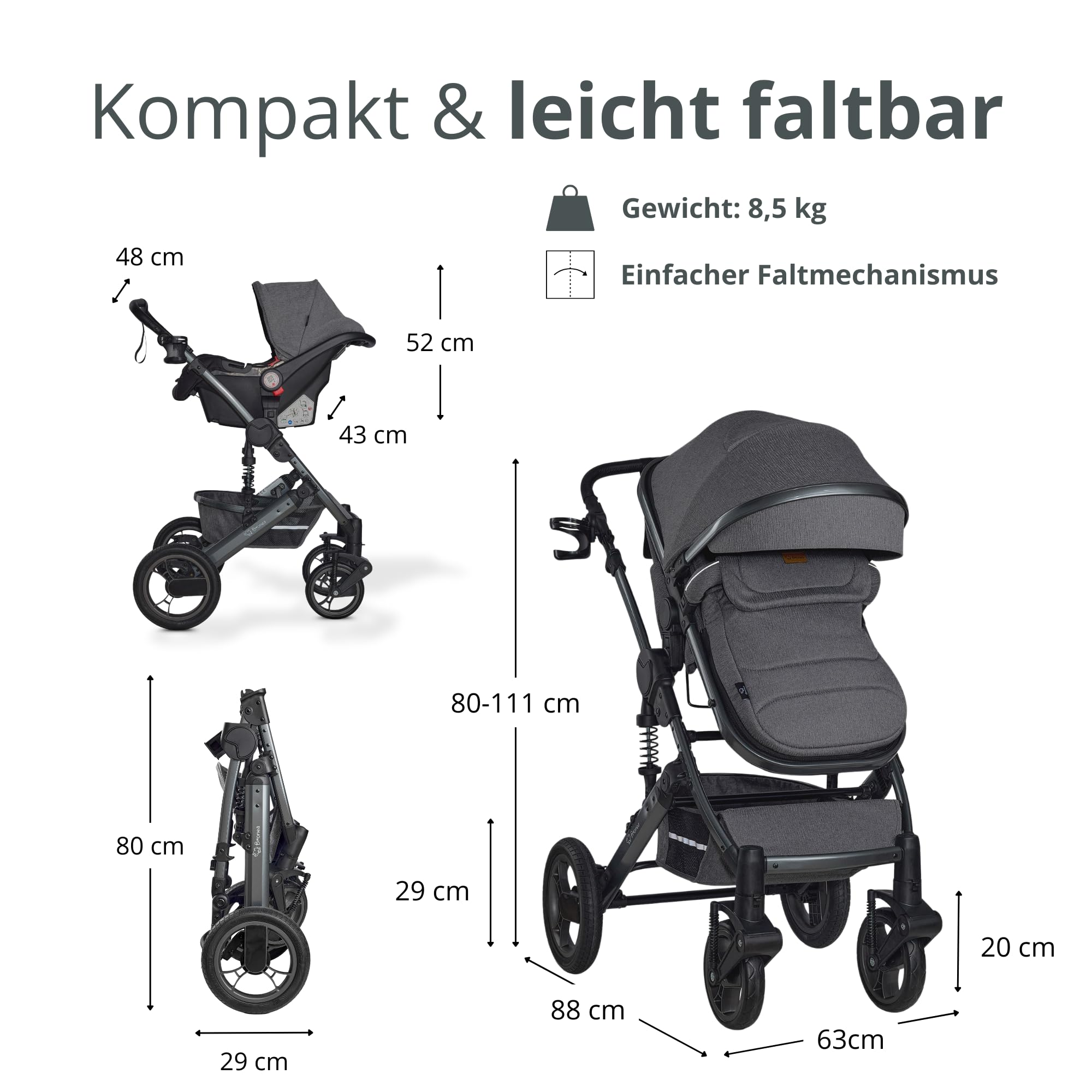 EXQUISE 2.0 Kinderwagen 3-in-1 Komplettset Inkl. Auto-Babyschale, Babywanne | Buggy, Zusammenklappbar, Wickeltasche, Regenschutz, Mücken- & Sonnenschutz (Grau-Grau)