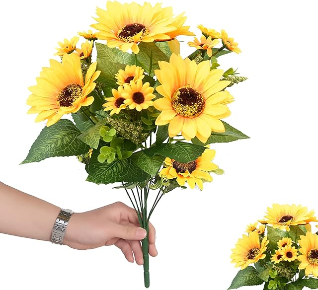 2 Bunches Artificial Sunflower Bouquet, Fake Silk Sunflower Flowers, Realistic Plants for Wedding Party Anniversary Home Office Table Centerpiece Décor(short)
