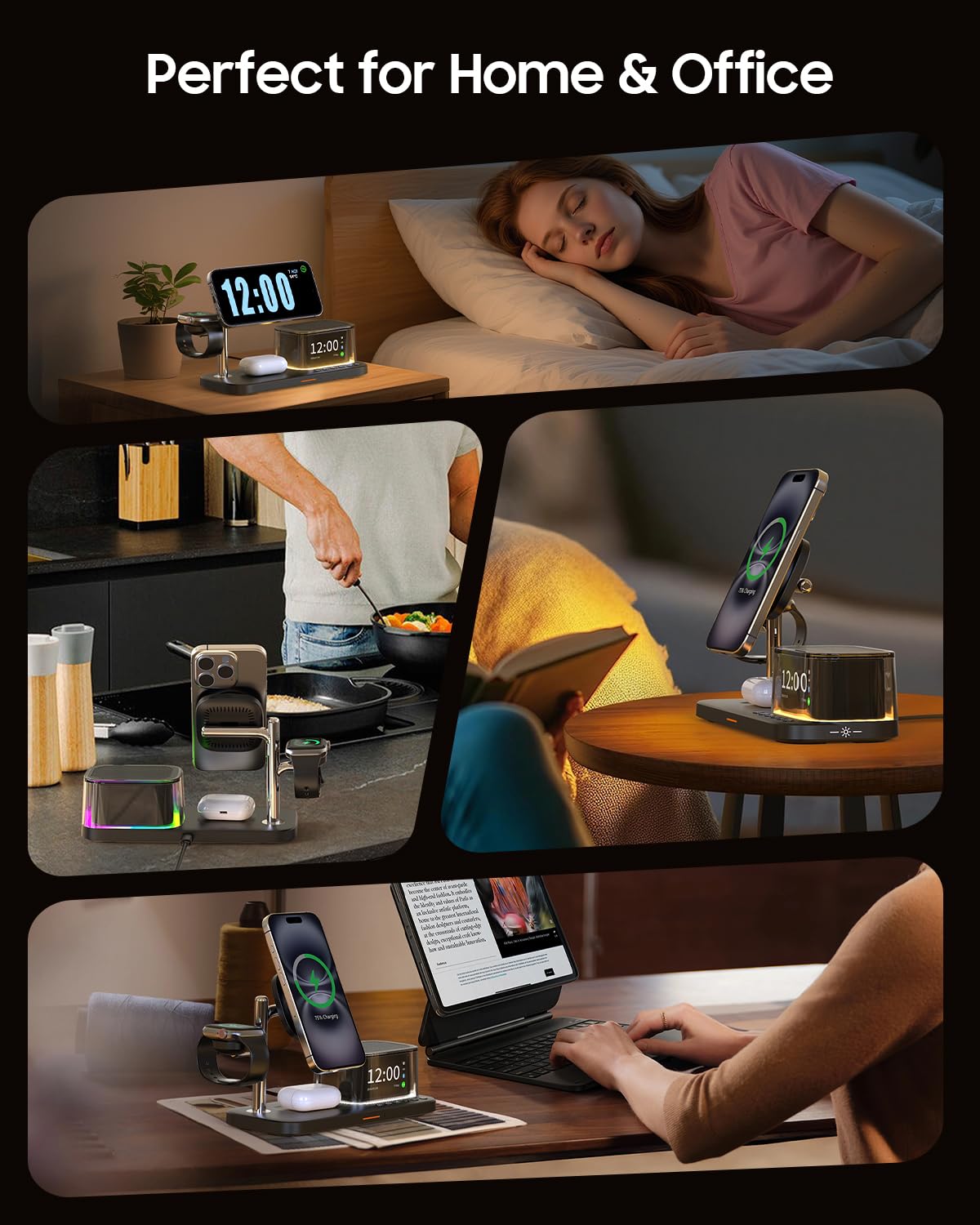 Caricabatterie wireless 7 in 1, altoparlante Bluetooth con sveglia, ricarica rapida per cellulari da 25W, luce d'atmosfera, compatibile con iPhone 17 16 15 Pro Max, auricolari, Samsung e Apple Watch