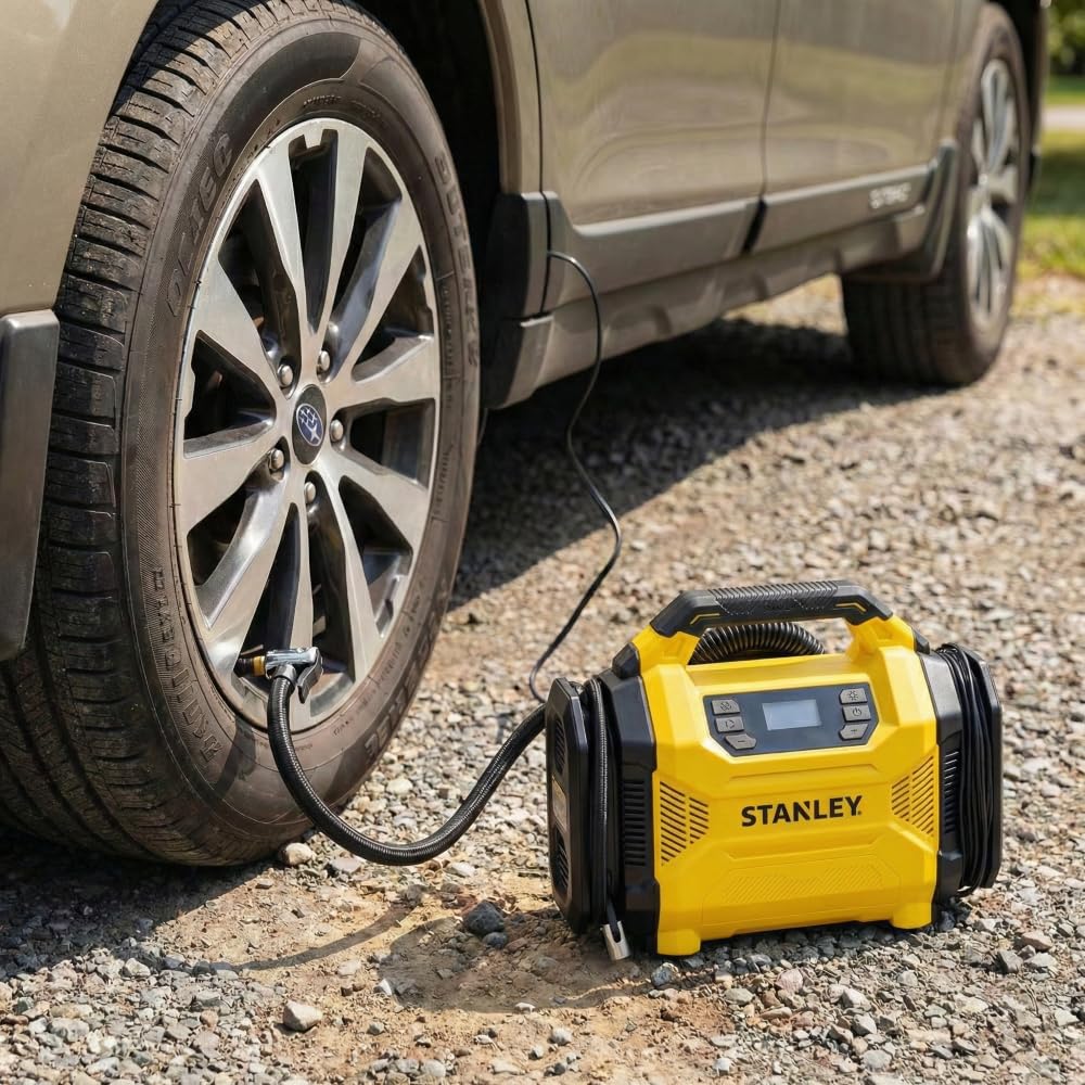 Stanley SXIF3501 Dijital Lastik Şişirme Pompası, 12V/220V, 150 PSI, LED Lambalı, Siyah
