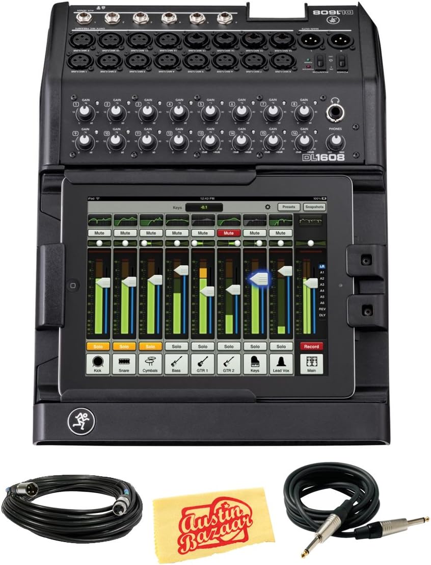 Mackie DL1608 16-Channel Live Sound Digital Mixer Bundle with XLR Cable, Instrument Cable, and Polishing Cloth