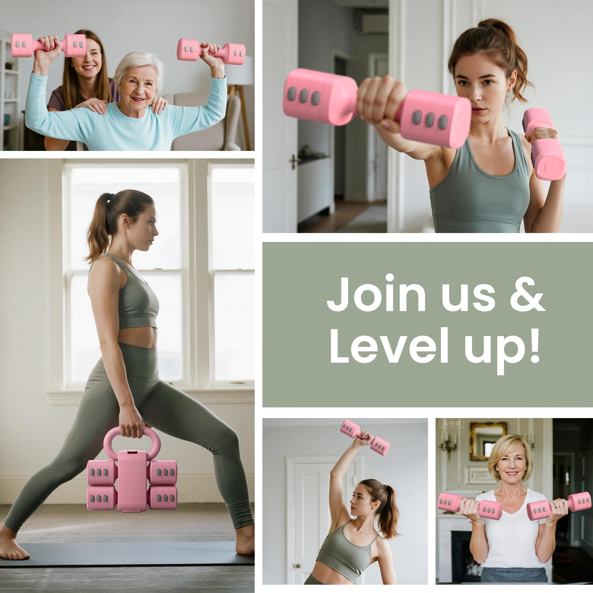 RYGEO Set di manubri regolabili 2 in 1 per donne, kettlebell a 4 livelli (da 1 kg a 5 kg), attrezzature per il fitness a casa