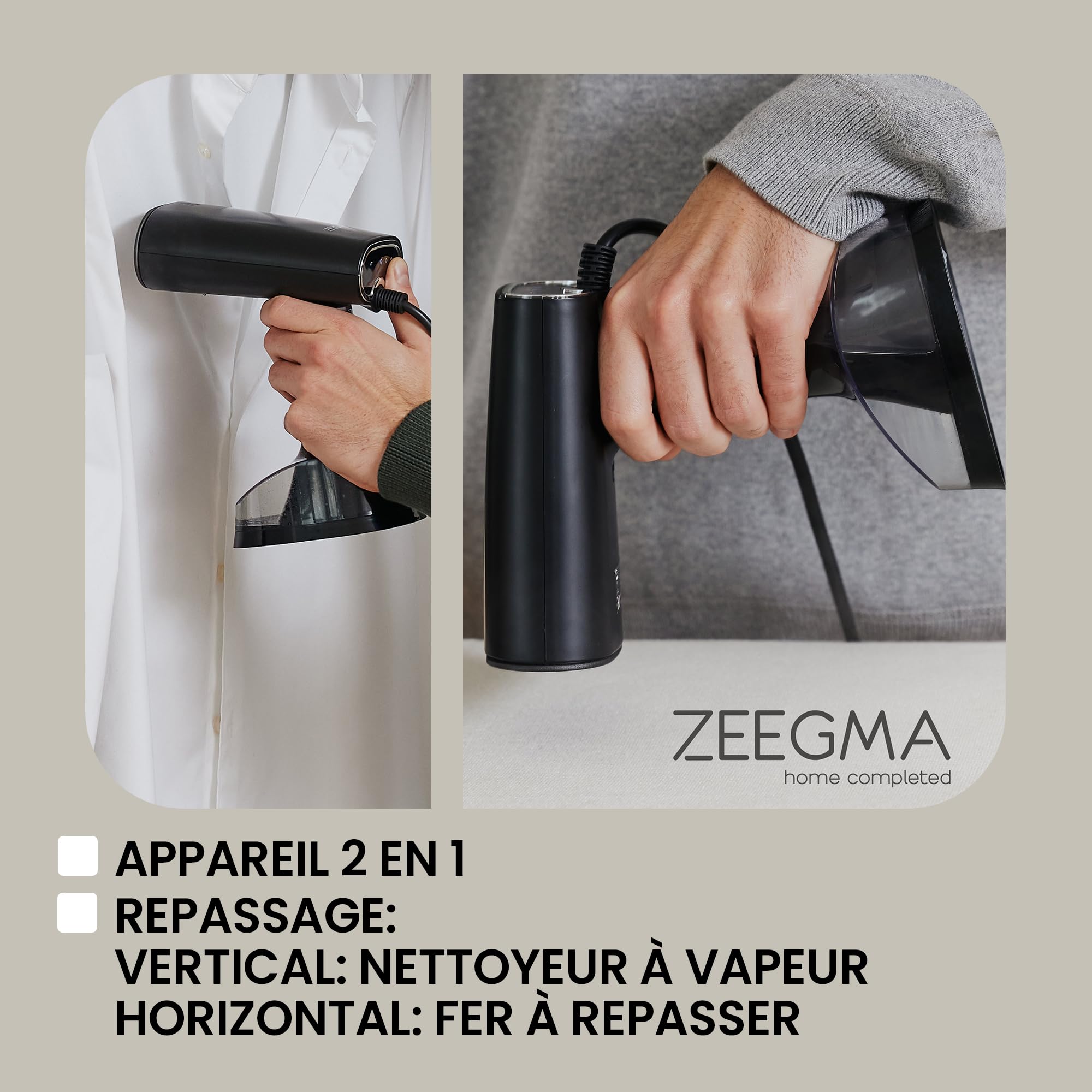 ZEEGMA FRISKEER 2 en 1 Défroisseur Portable pour Vêtements, Fer à Vapeur 1640 W, 380 ml Débit de Vapeur 25 g/min Chauffage Rapide en Toute Sécurité pour le Tissu Repassage Horizontal et Vertical