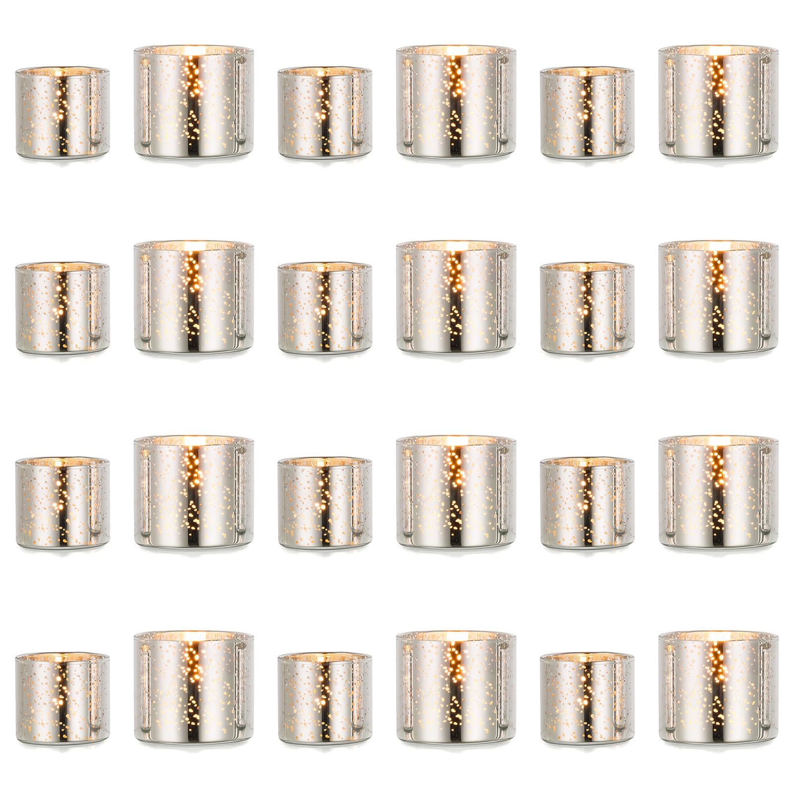 NUPTIO Tea Lights Candle Holder: 24 Pcs Silver Glass Votive for Floating and Tealight Candles Small Modern Mercury Votives Holders for Outside Party Centerpiece Tabletop Decoration 1.6 in & 2 in H