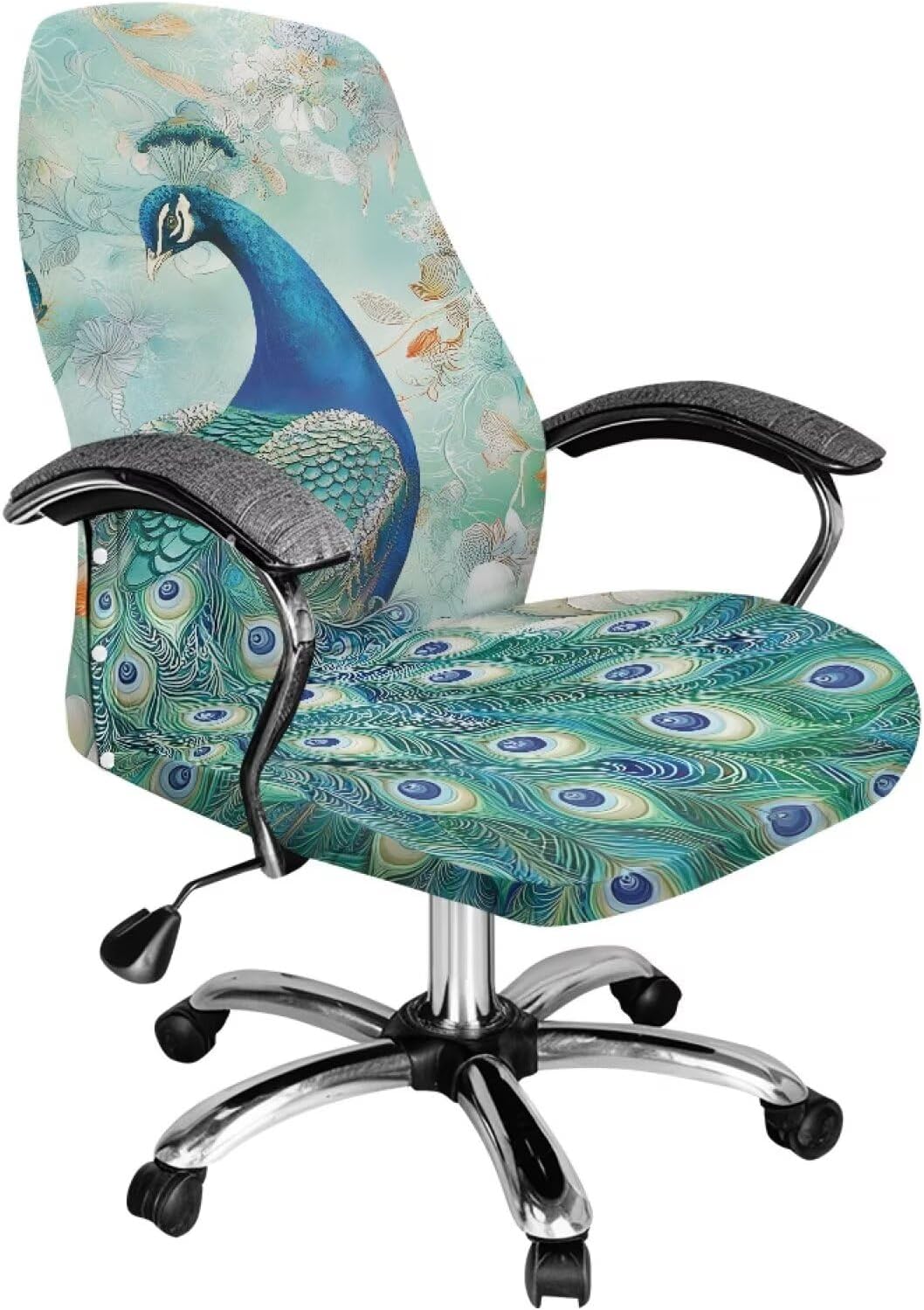 Xoenoiee Elegant Peacock Floral Print Office Chair Covers, Stretch Computer Boss Chair Cover with Button High Back Chair Slipcover Anti-Dust Rotating Chair Cover for Home Office, Large image 2