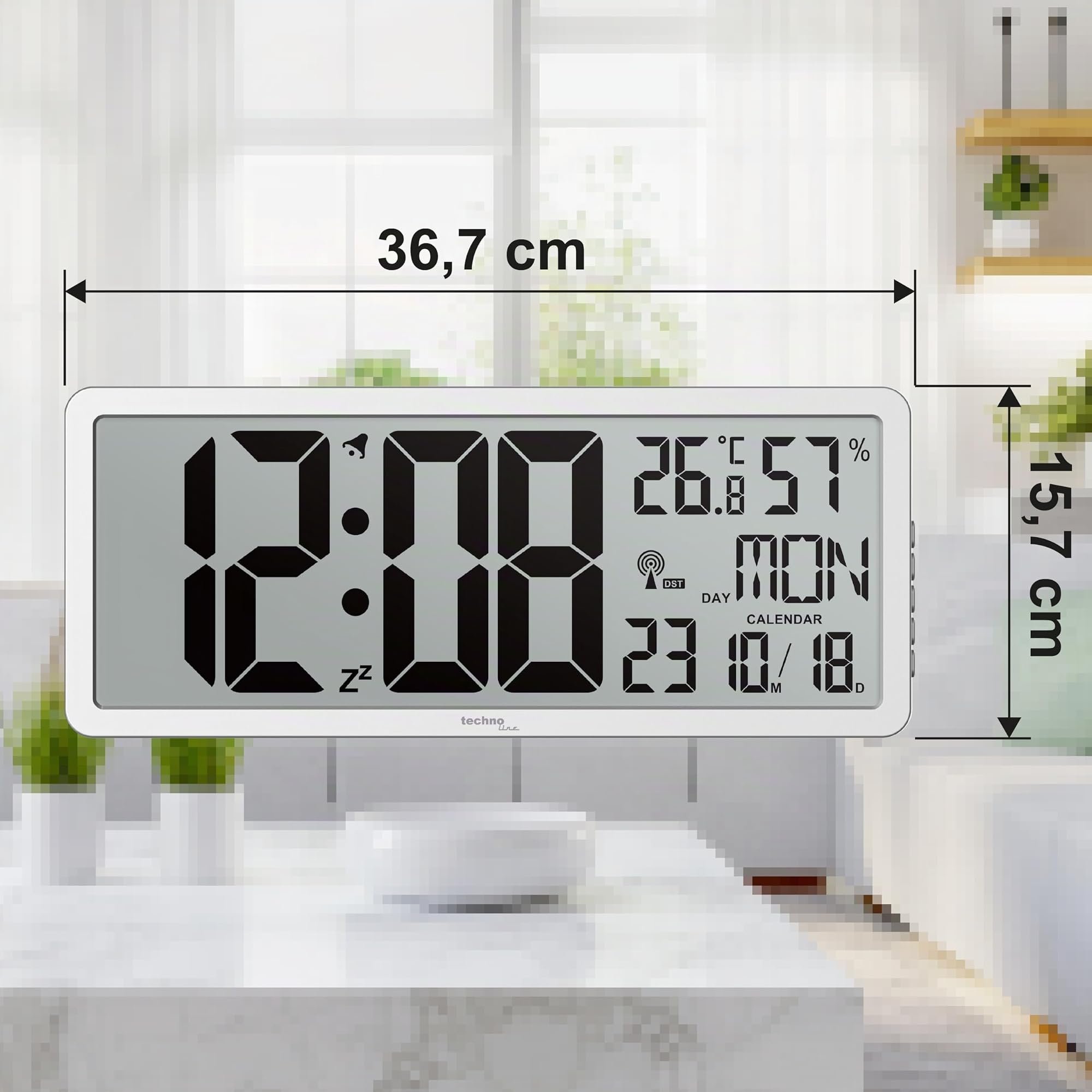 Technoline WS 8135 Funkwanduhr mit DCF77 Funkuhr | XXL LCD Display | Innentemperatur & Luftfeuchtigkeit | Kalender mit Wochentag | Wecker mit Snooze | Wand- und Tischuhr | 24/12h Anzeige