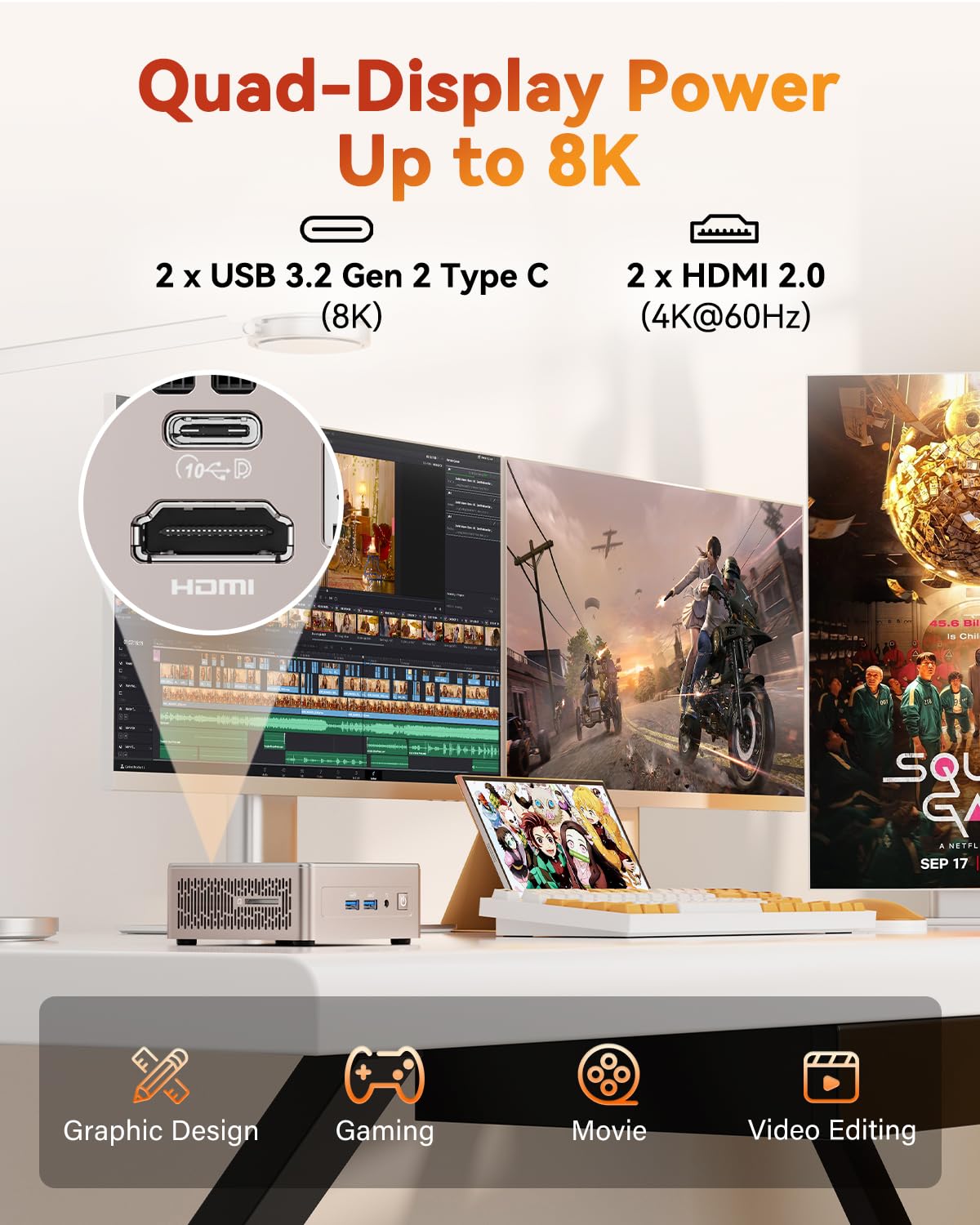 GEEKOM A5 2026 Mini PC with Windows 11 Pro, with AMD Ryzen 5 7430U (Beats 7545U/4300U/7730U) 16GB High Speed RAM & 512GB SSD, Dual HDMI 8K Quad Display/WiFi 6 for Video Editing/Graphic Design — view 8