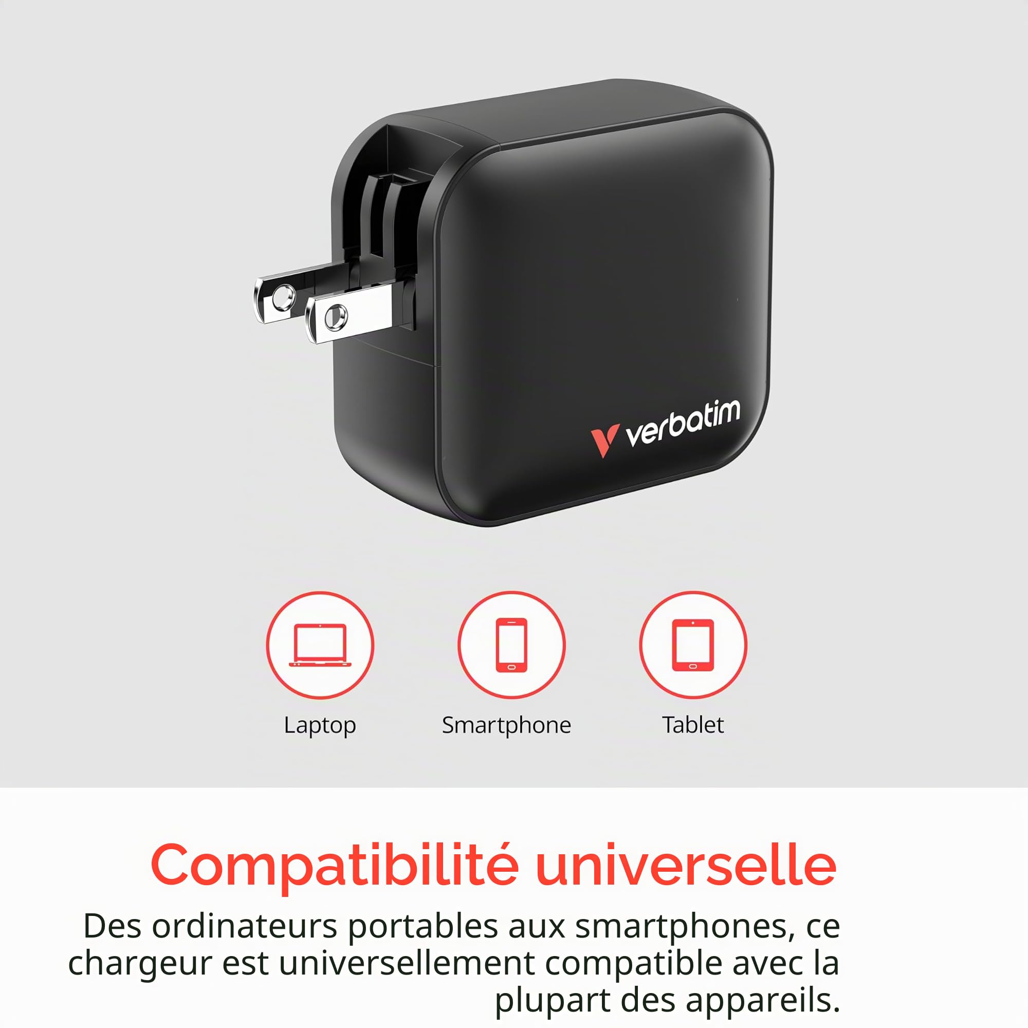 Verbatim Mini GaN Chargeur de 100W, Chargeur USB-C à 3 Ports, Adaptateur Secteur avec 2 x USB-C et 1 x USB-A, Chargeur Rapide Universel (UE, UK, US), pour Ordinateur Portable, Tablette, Smartphone