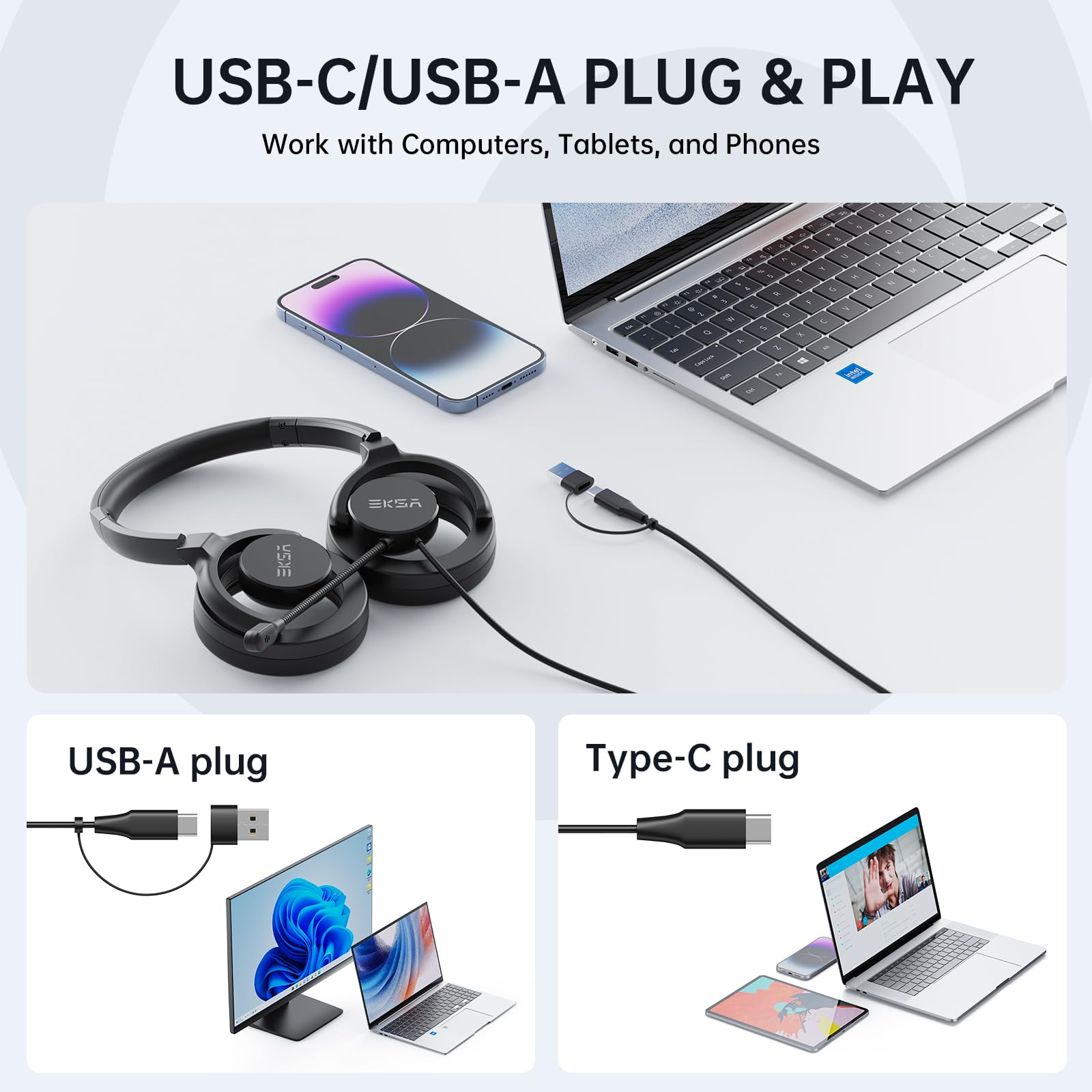 EKSA H27 Cuffie PC con Microfono, Cuffie con Filo USB-A/C, Cuffie con Pulsante di Muto, Controllo del Volume, Open-ear Wired Headset Ideali per Ufficio,Call Center Skype, Zoom