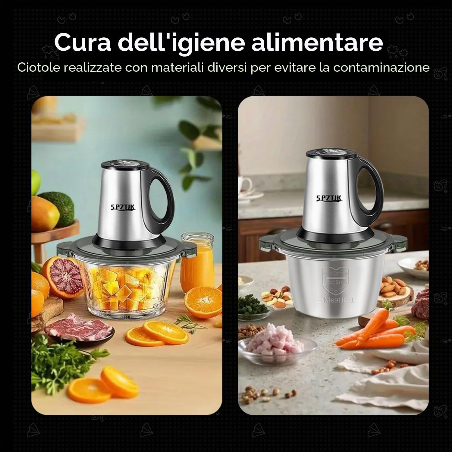300 W, tritacarne elettrico a 3 velocità con 8 tazze in acciaio inox e 8 tazze, macinacaffè, 2 set di 4 lame a due livelli, verdure