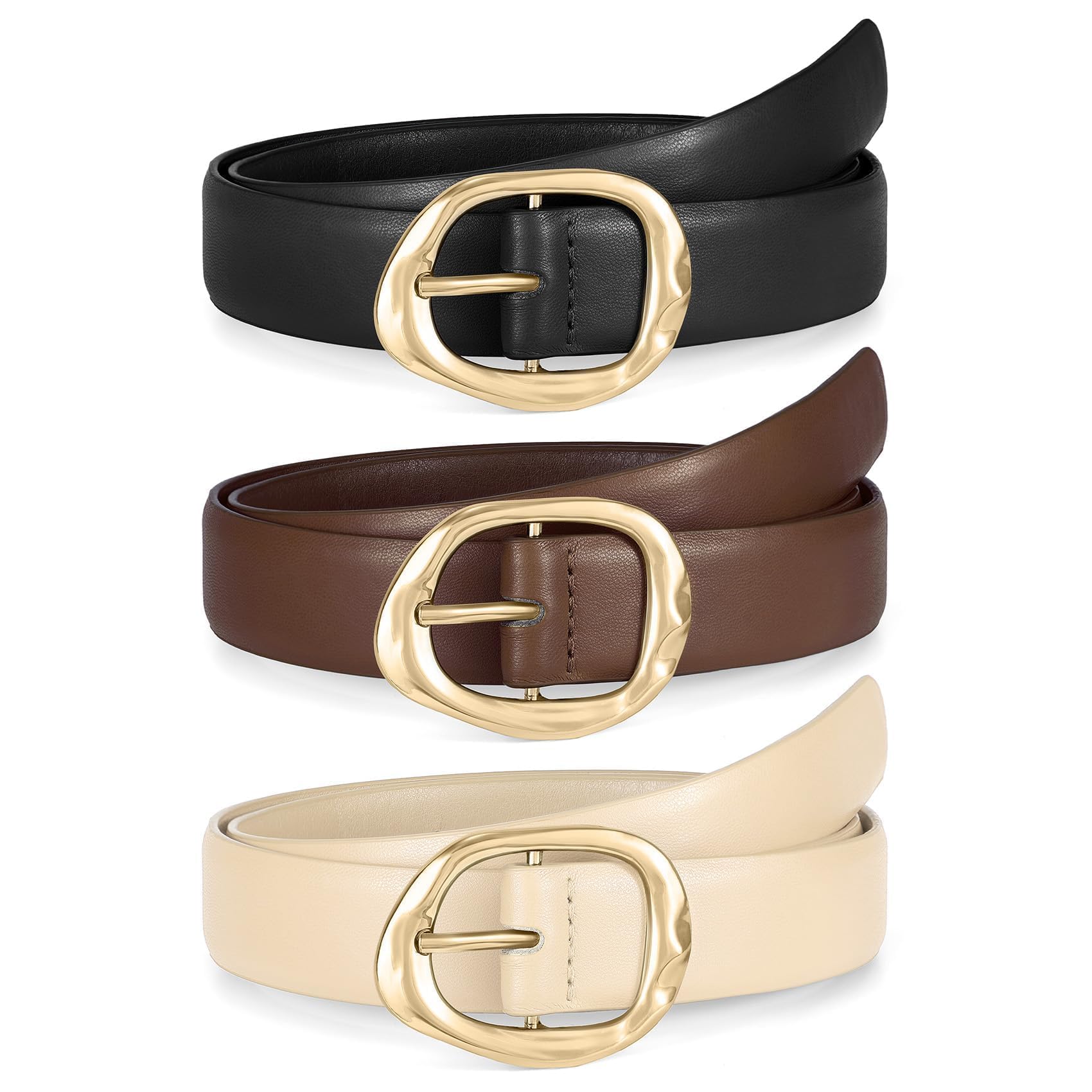 3 Pack Women Belts for Jeans Pants Dresses Ladies Leather Belt Fashion Waist Belt with Liquid Shapes Gold