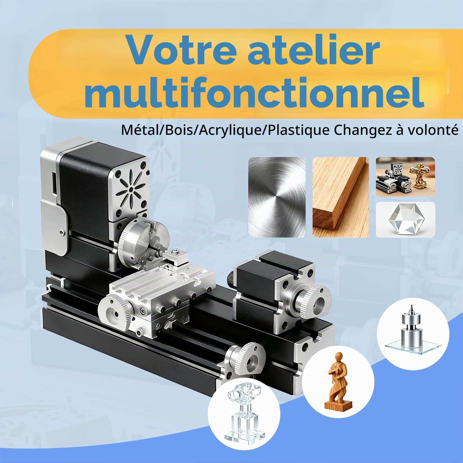 Tour miniature entièrement en métal 36 W 20 000 tr/min Mini machine de tour en métal pour les amateurs de travail du bois