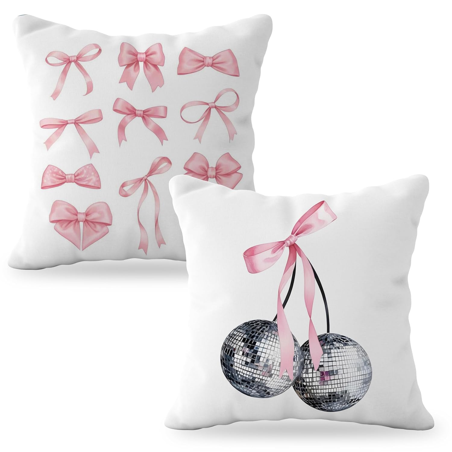 YeiHe Coquette Pink Bow Disco Ball Cherry Pillow Covers 18x18 Coquette Room Decor Funky Preppy Trendy Pillow Covers