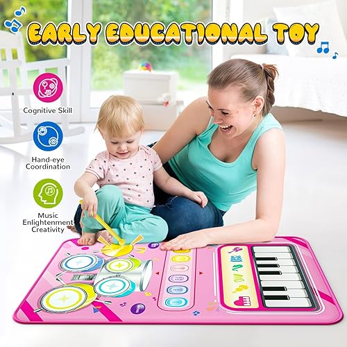 Miniatura 2 de Juguetes para niños pequeños para regalo de cumpleaños de niña de 1 a 2 años, tapete musical 2 en 1 para piano y tambor, regalos de calcetines de