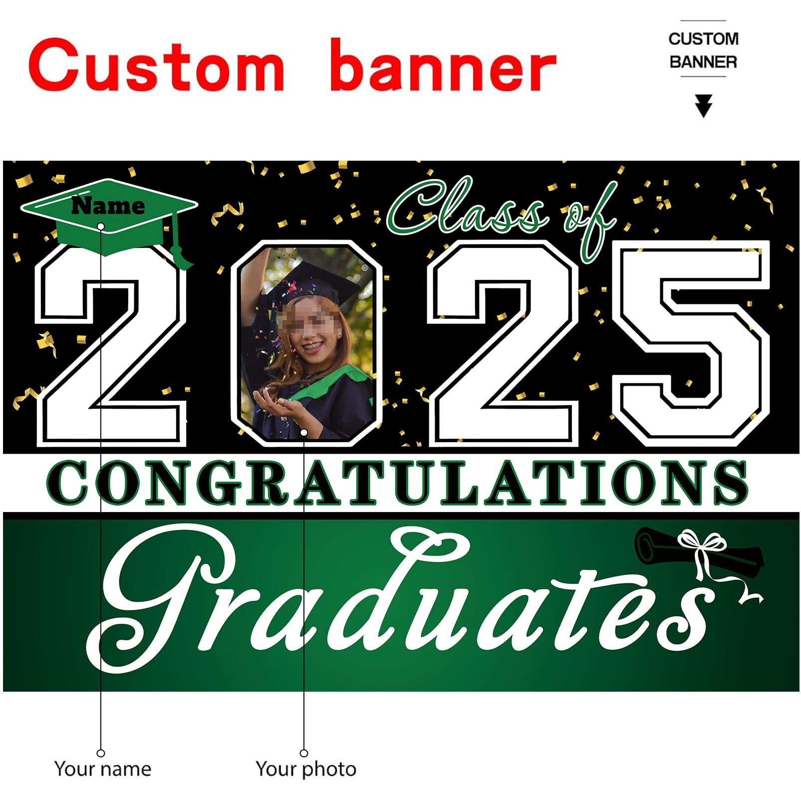 Dicodes Custom Graduation Backdrop Banner Large Congrats Grad Party Supplies Decorations Photography Background for 2025 Graduation Party(Dark Green)