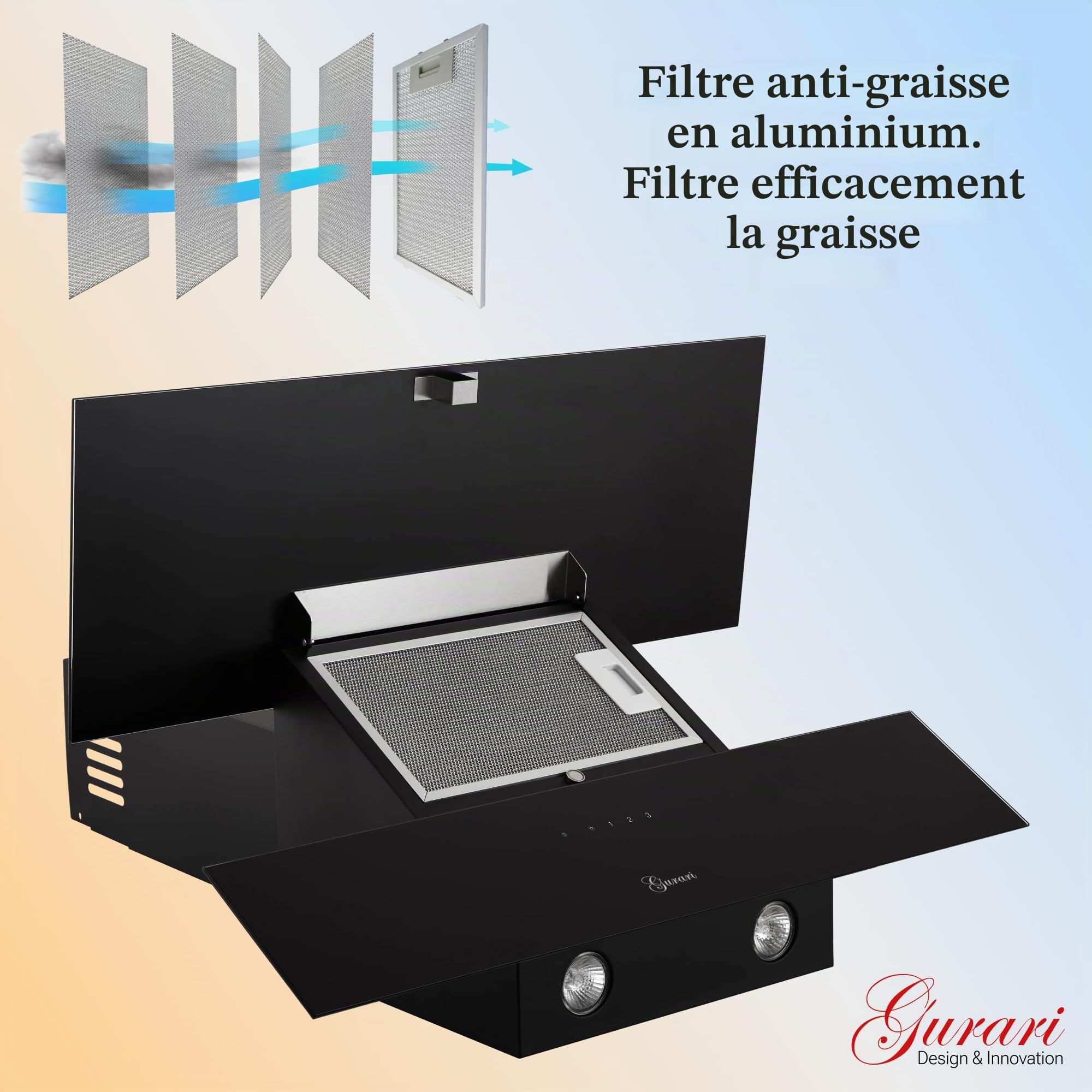 Hotte Murale 90 cm GURARI GCH D 268 9 Prime/Hotte aspirante Noire classe A 1000 m³/h avec Télécommande/Hotte de Cuisine avec Evacuation ou Recyclage/Hotte Inclinée avec Filtre à Charbon