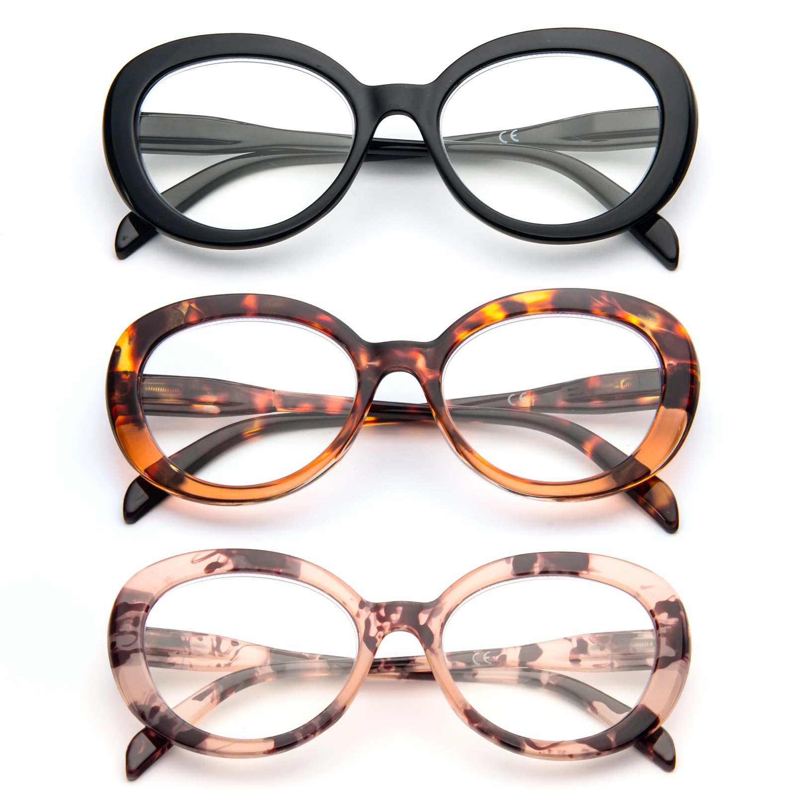 KoKoBin 3 confezioni di occhiali da lettura da donna vintage oversized, lettore di anti-luce blu computer alla moda (Nero/Leopardo Marrone/Rosa Leopardo, 1, x)