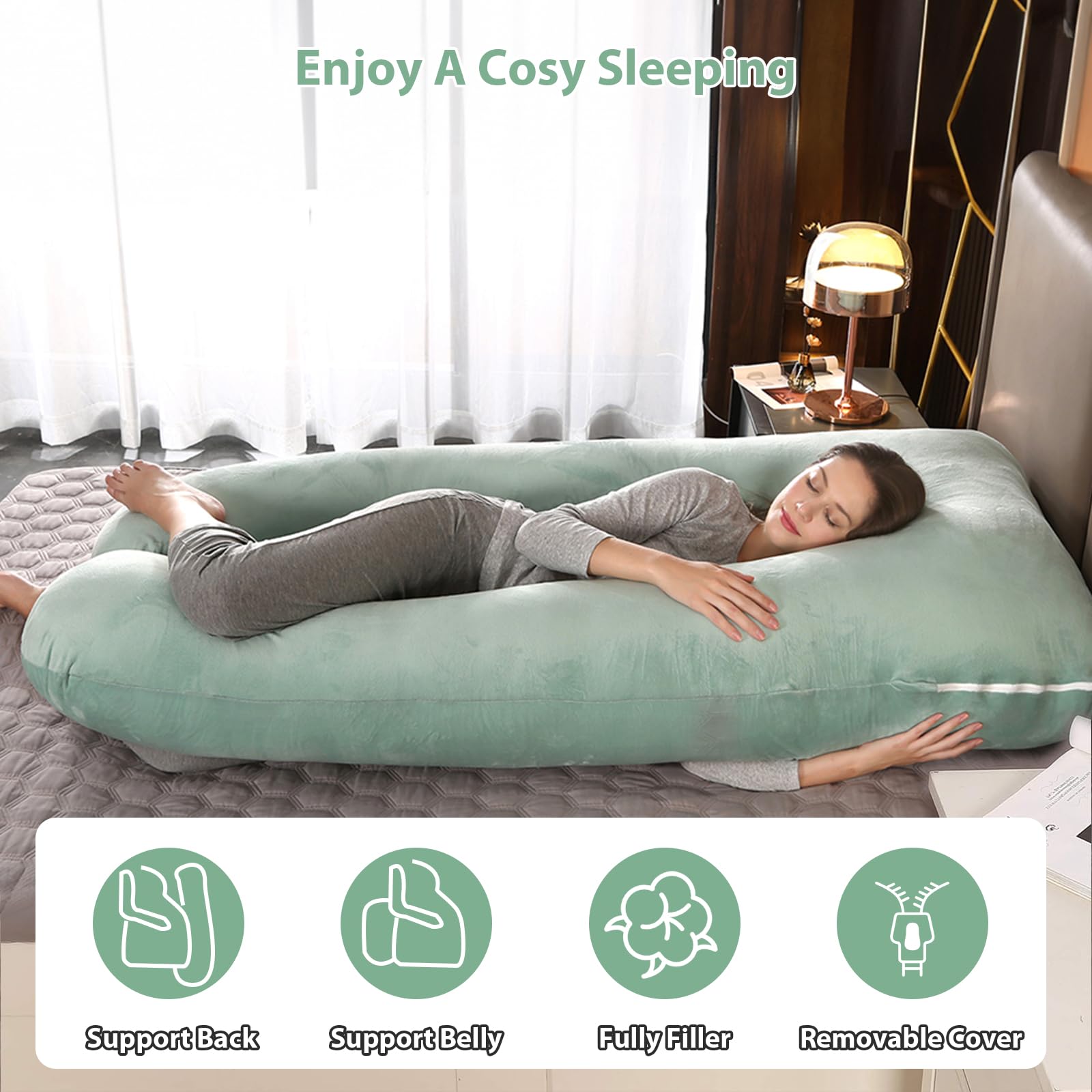 Amagoing Cuscino per gravidanza da 144,8 cm, per dormire, a forma di U, per donne incinte, con fianchi, gambe, schiena, supporto per la pancia, copertura in jersey lavabile inclusa (verde menta)