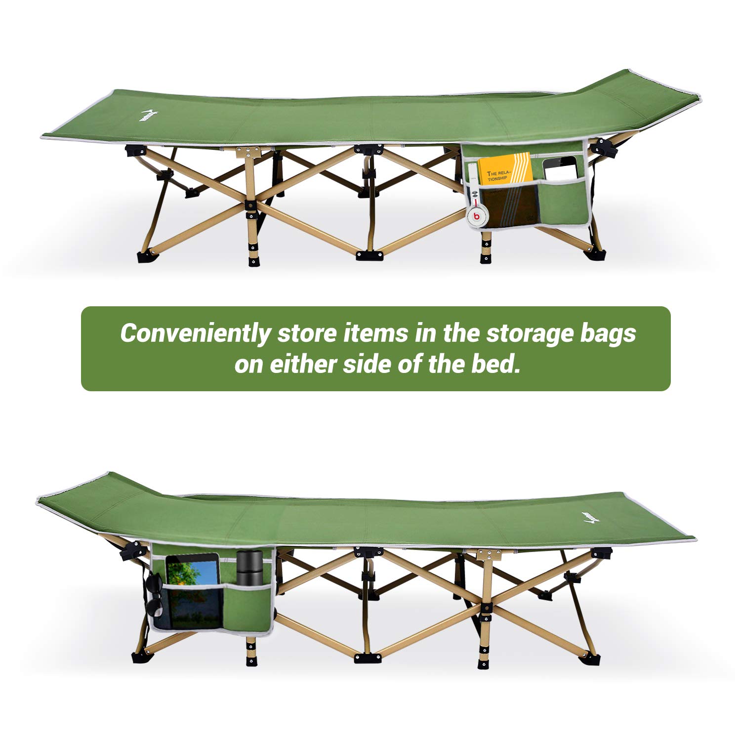 Camping Cot, Sportneer Cot Sleeping Cot 450 LBS 2 Side Pockets Camping Cots for Adults Portable Folding Kids Cots for Sleeping Extra Wide with Carry Bag Camping Beach BBQ Hiking Office