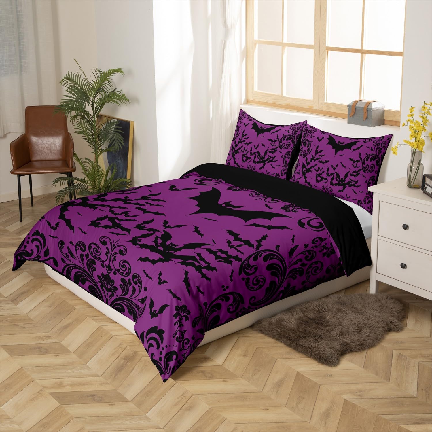 Homewish Halloween Bat King Bedding Sets for Girls Women,Purple Black Bats Duvet Cover Gothic Damask Flowers Comforter Cover Goth Floral Animal Bed Set Halloween Room Decor Zipper 3 Pcs - Image 4