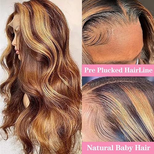 Miniatura 2 de Peluca de cabello humano con encaje frontal ombré, prearrancado 427 marrón miel rubio ondulado, encaje frontal de 13 x 4 pulgadas, densidad del 150
