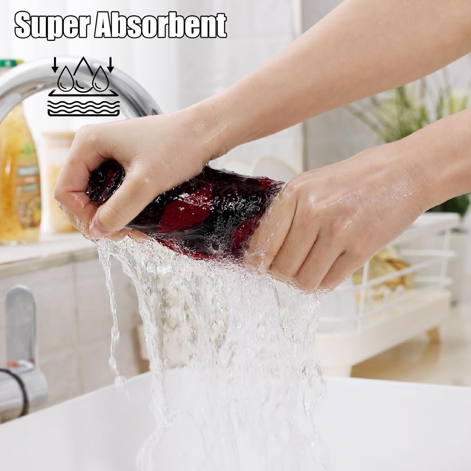 homing Buffalo Plaid Kitchen Towels and Dishcloths Set, 12" x 12" and 13" x 28", Set of 8 Bulk Cotton Waffle Weave Dish Towels, Super Soft Absorbent Hand Towels for Kitchen, Red & Black - Image 3