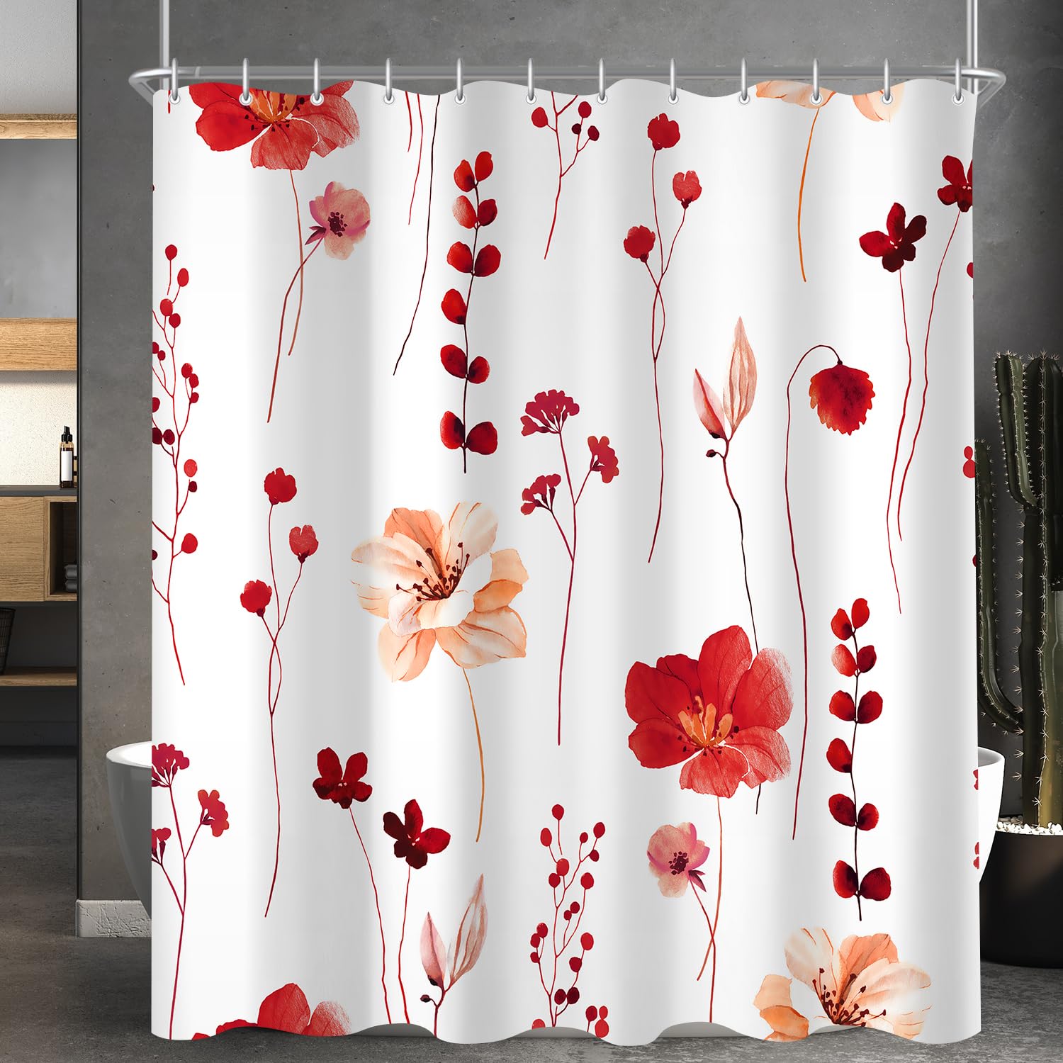 Lerores Shower Curtain, 180 x 160 cm, Red Motif, Weighted Hem, Anti-Mould, Water-Repellent, Washable Polyester Bath Curtains with 12 Eyelets and Shower Curtain Rings for Bathroom, Bathtub