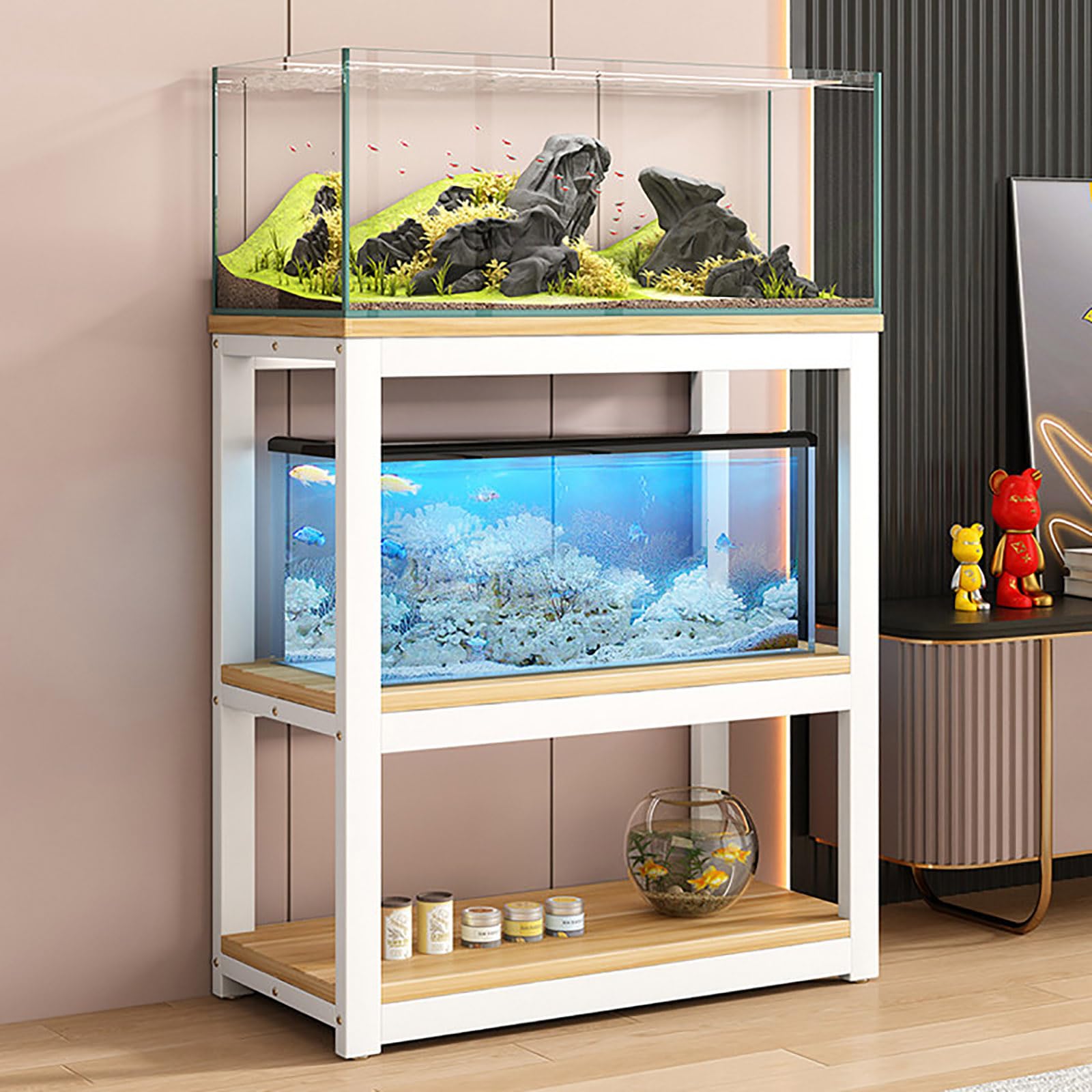 Supporto Acquario 3 Ripiani per 10-40 Galloni, Mobile Acquario in Metallo Resistente con Mensole, Supporto Terrario Stabile e Salvaspazio White Frame + Black Board 41*30cm/16.1*11.8in