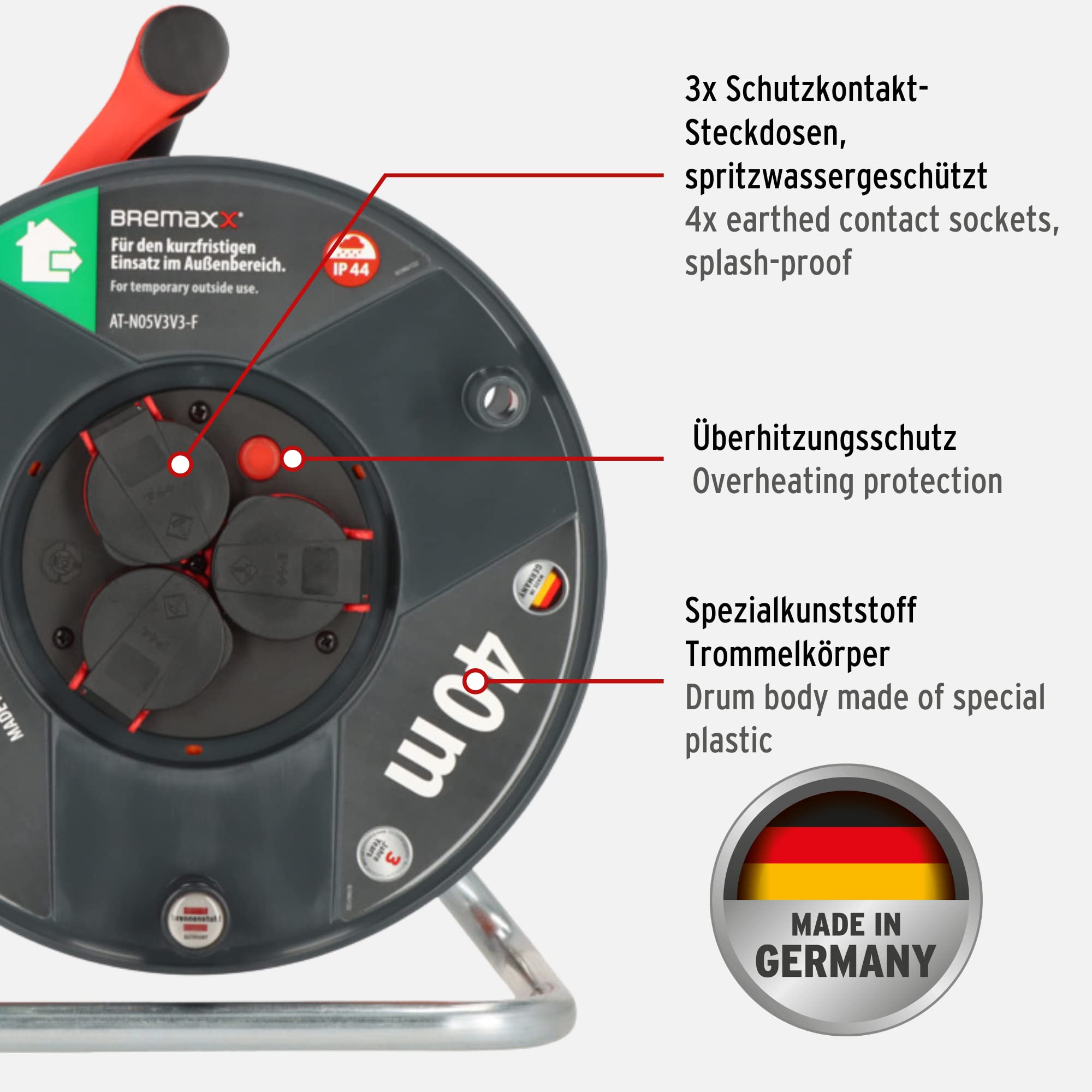 Brennenstuhl Kabeltrommel SPAR-SET 40m outdoor Garant V2 (Made in Germany, IP44) + BREMAXX Verlängerungskabel 10m (Made in Germany, IP44, einsetzbar bis -35 °C, öl- und UV-beständig)