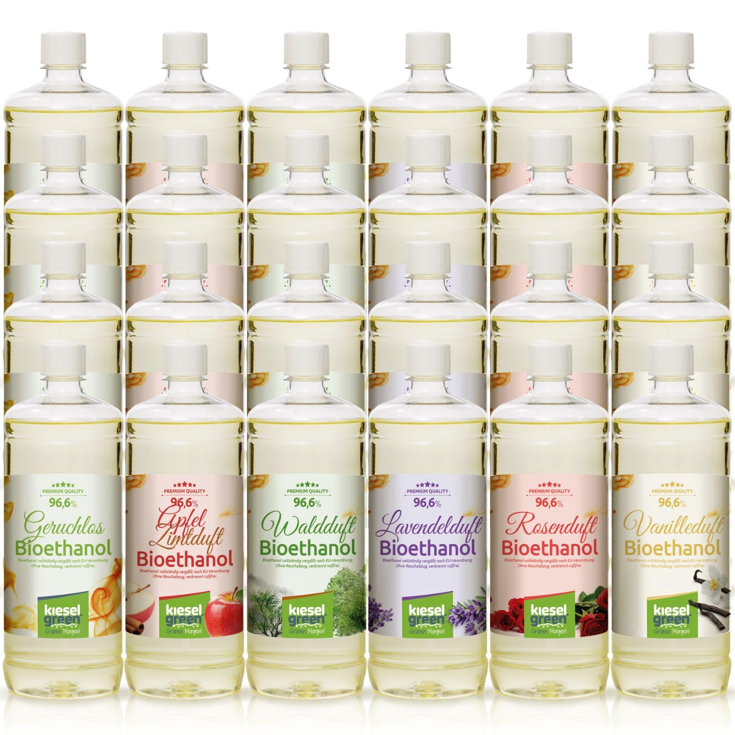 Bioetanol 24 x 1 litro con fragancia para chimenea de etanol, muchas variedades – Bio etanol como ambientador en muchos aromas – Perfume para bioetanol chimenea interior o bioetanol fuego