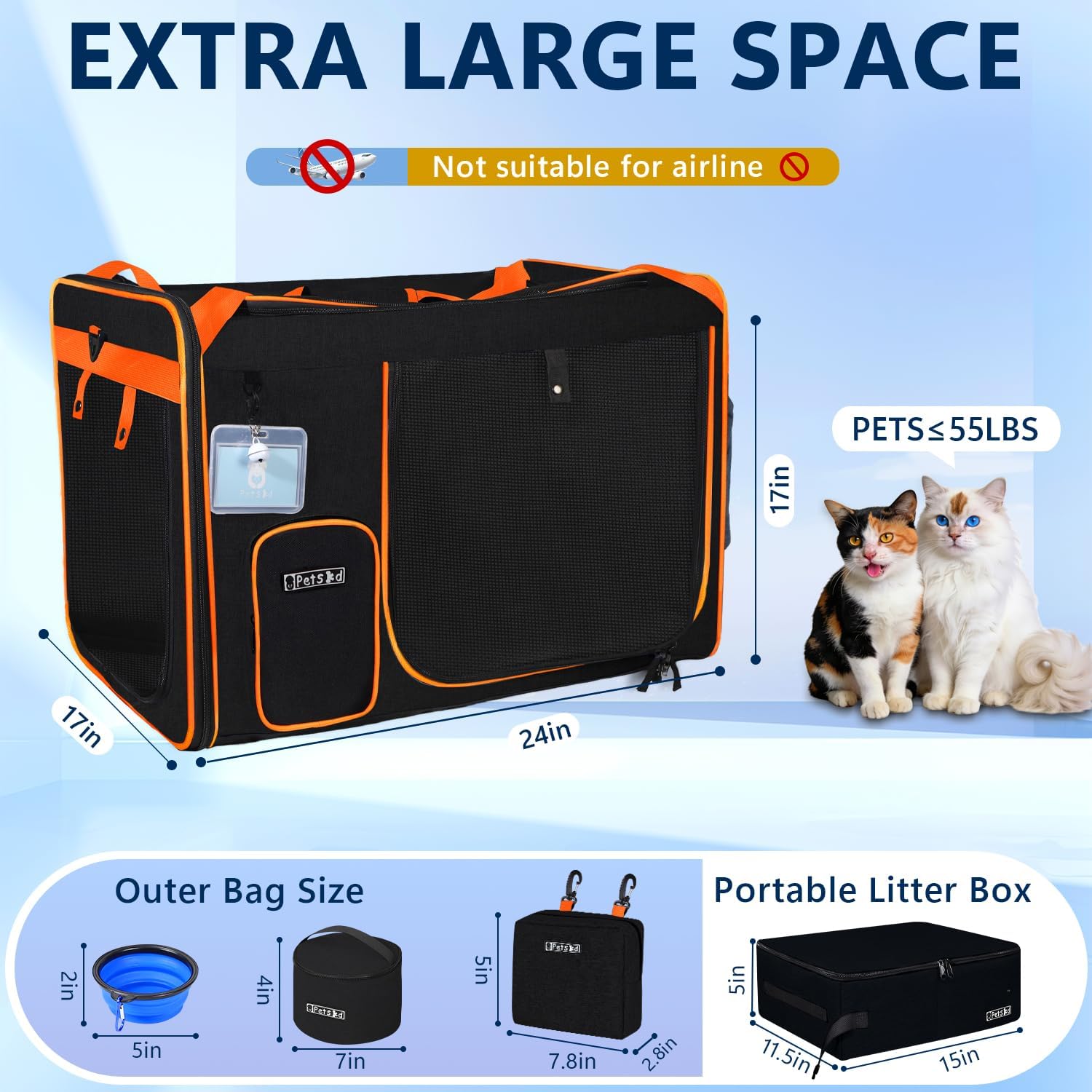 Petskd Extra Large Cat Carrier with Litter Box for Car Travel,24"x17"x17"Portable Soft-Sided Pet Carrier with Zipper Locks for Large Mudium Cats or 2 Small Cats Under 55LBS(Black)