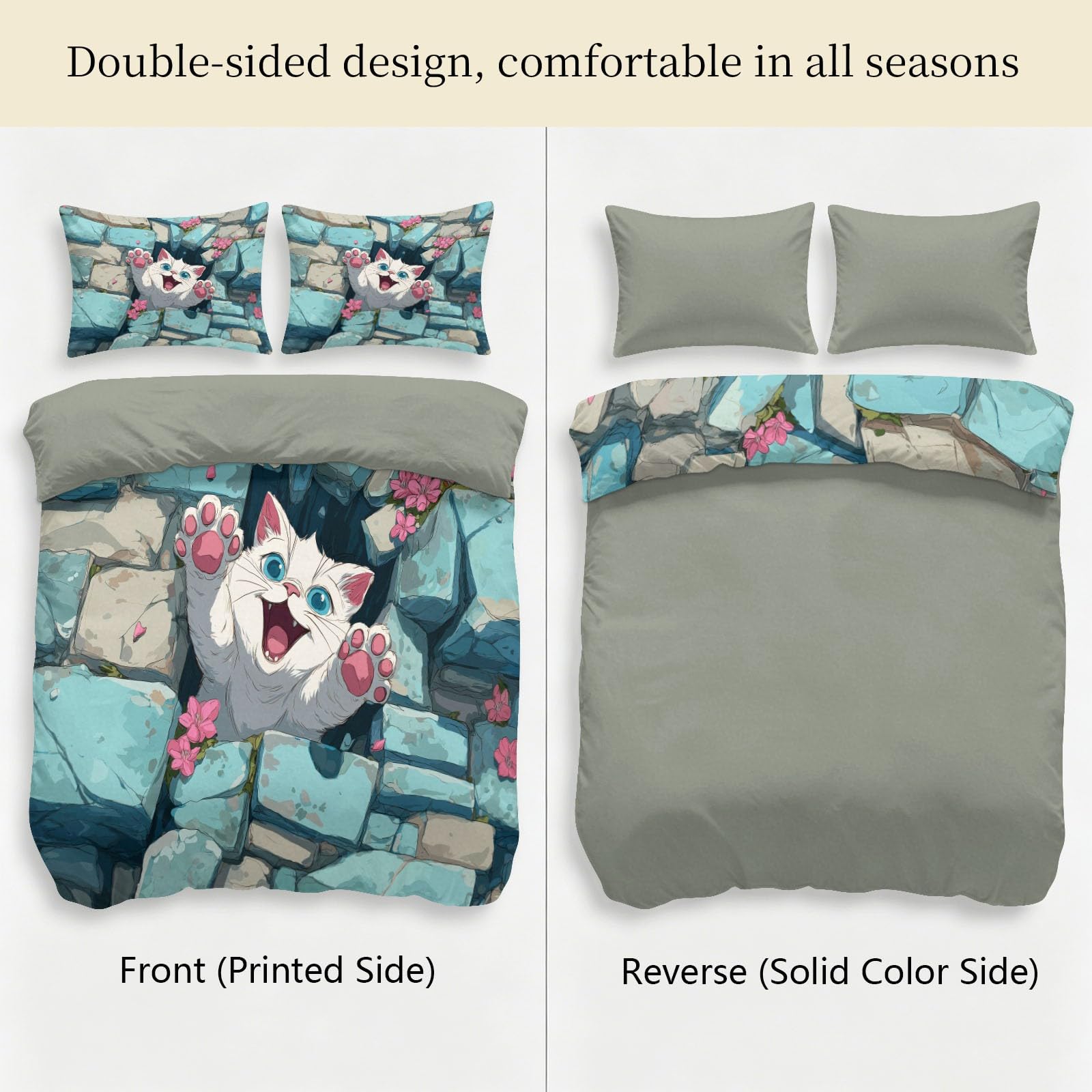 Juego de funda de edredón y funda de almohada de dibujos animados terapéuticos, tamaño Super King, diseño de pared de piedra de gato blanco, ropa de cama de microfibra suave, 260 x 220 cm, reversible