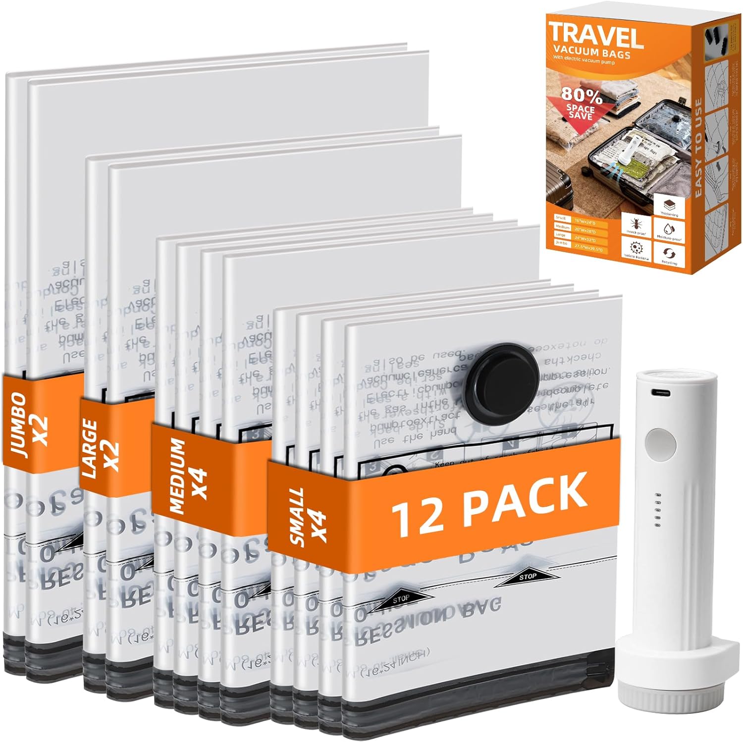 TOLDATE 12 Pack Travel Vacuum Bags - Compression Bags for Travel with 4 Different Sizes(2J/2L/4M/4S)，Vacuum Travel Bags with Rechargeable Pump for Luggage and Home Organization