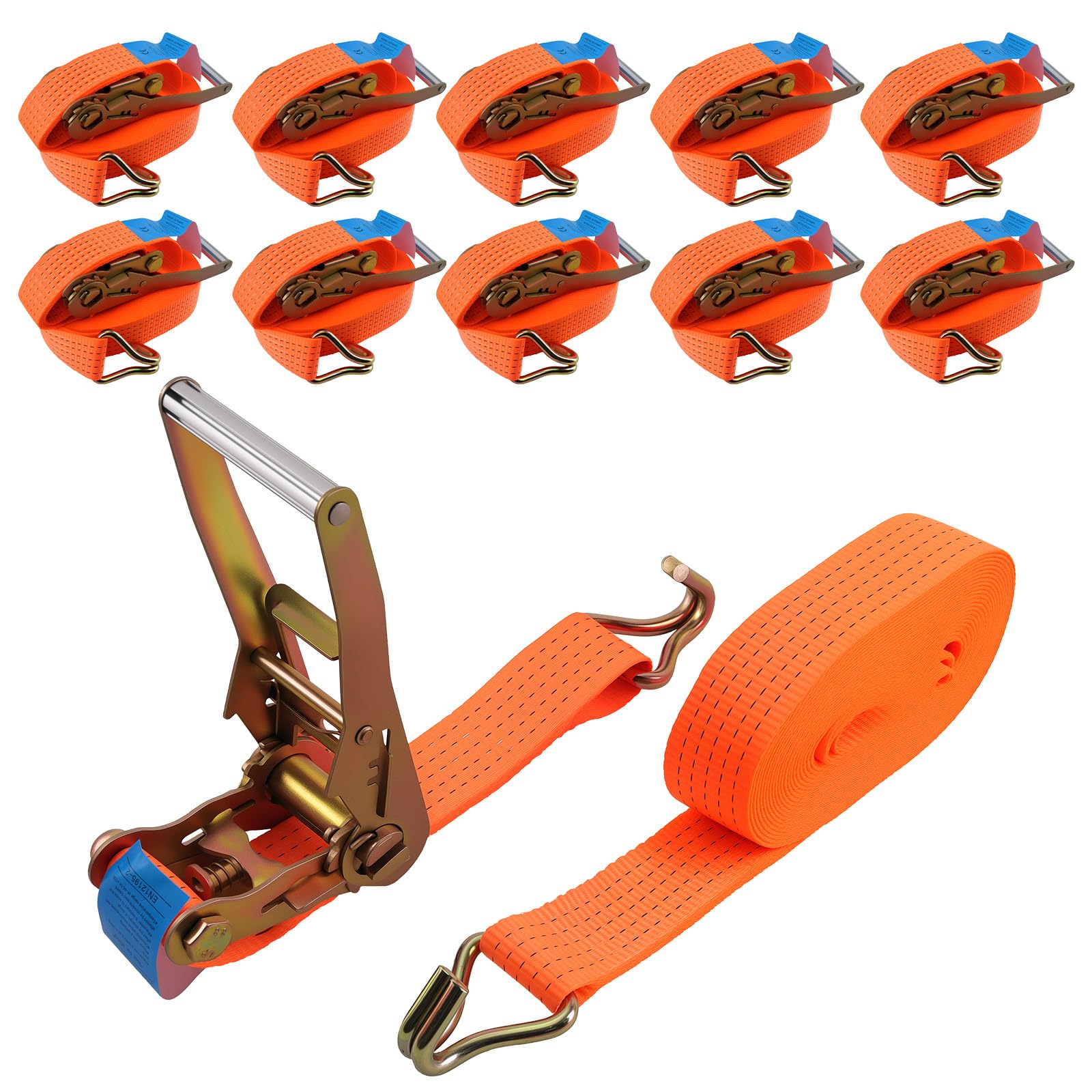 Lot De 10 Sangles D'arrimage Avec Cliquet - Longueur 8 M - Charge Max 5000 Kg - Certifié TÜV