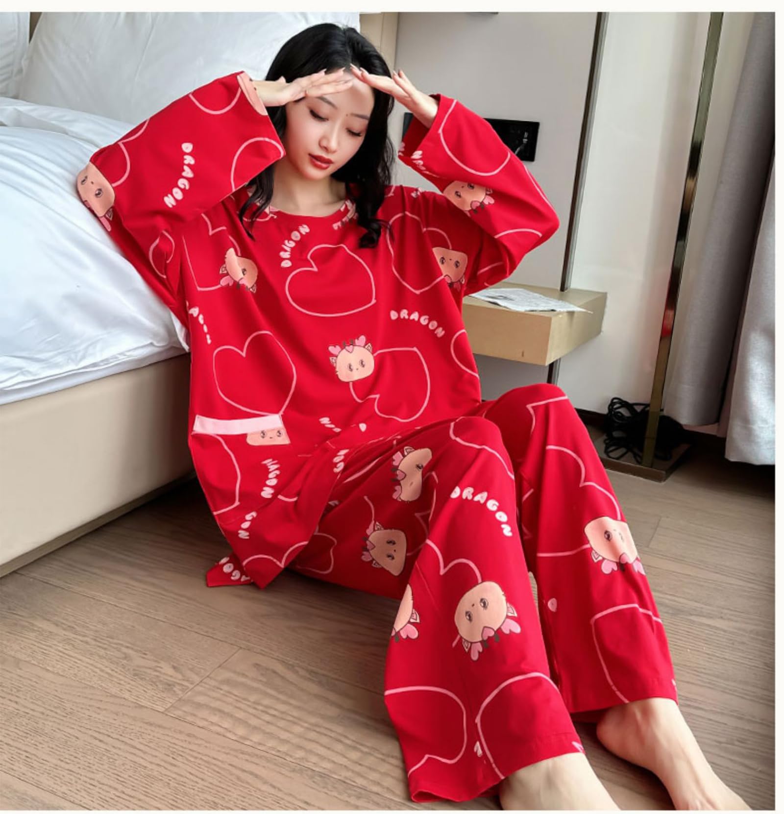 Pijama de algodón Conjunto,2 Piezas de Ajuste Flojo de Manga Larga Ropa de Dormir Loungewear Pjs Set 4XL/ 5XL