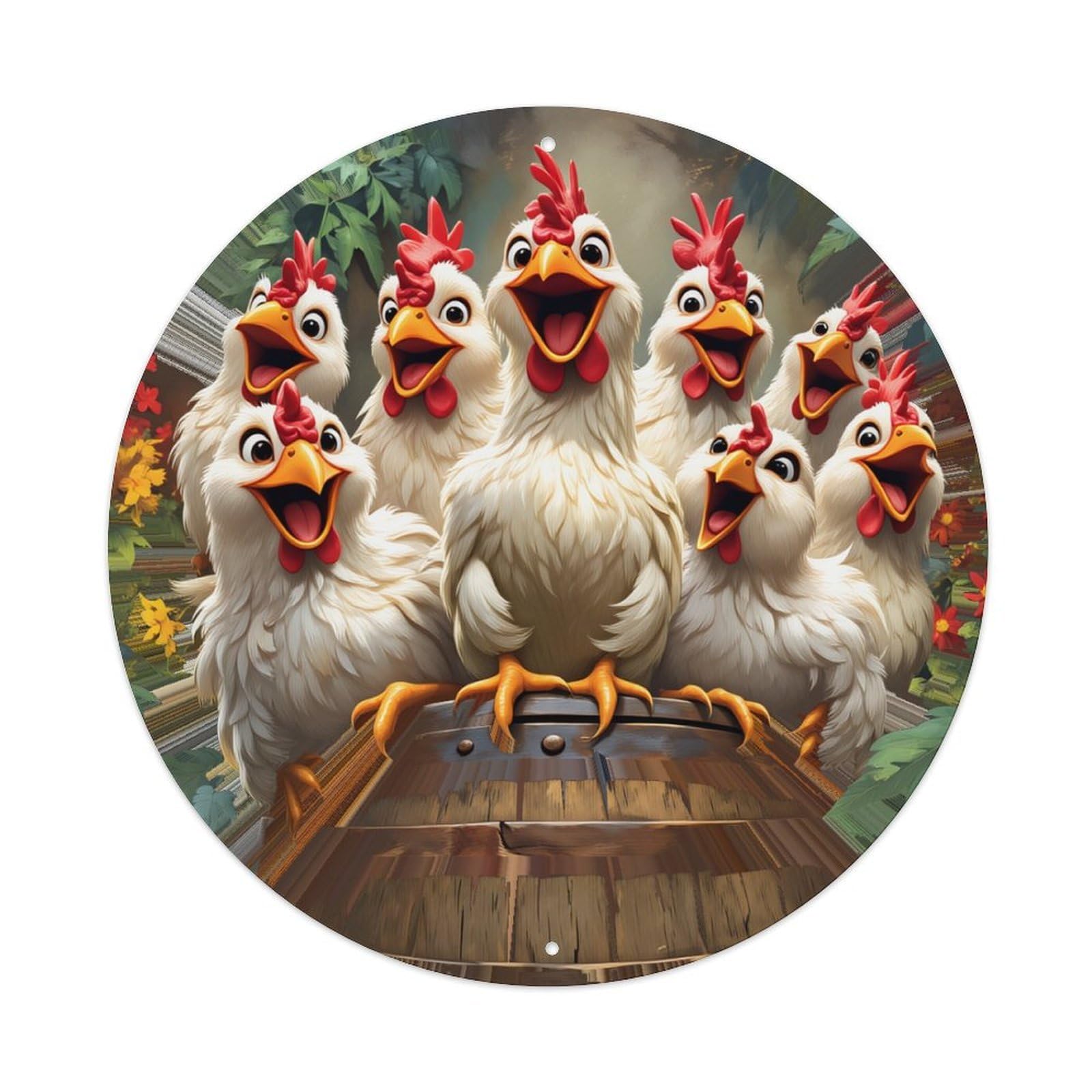 Chicken Group Barrel Garden Round Tin Sign Retro Metal Sign for Cafe Bar Pub Home Game Room Gym Club Wall Decoration Vintage Metal Poster 8x8 Inch