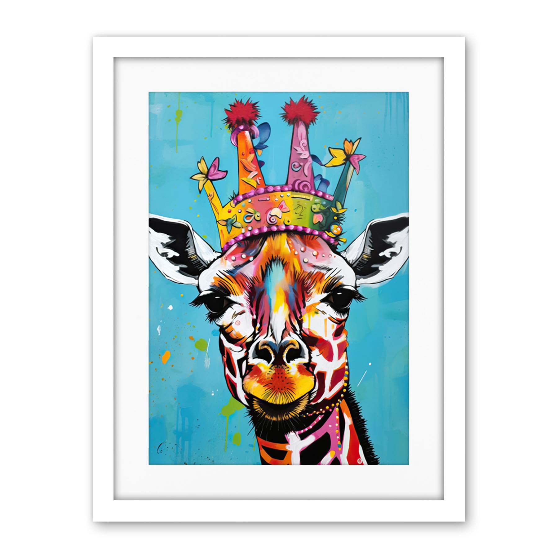 Artery8 Giraffe Wearing Princess Crown Modern Folk Art Artwork Framed Wall Art Print 18X24 Inch